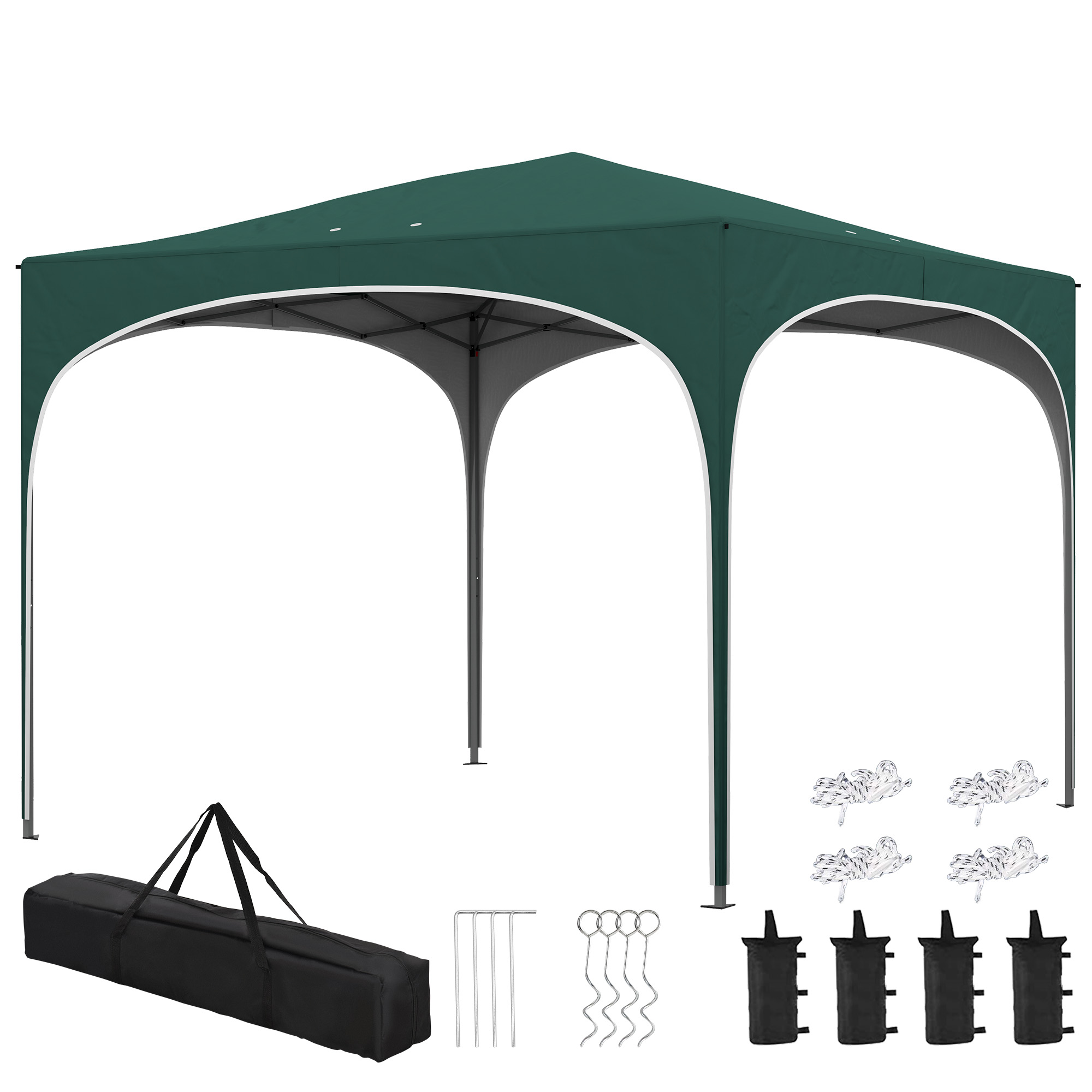 Una gazebo verde con telaio in metallo e accessori tra cui borsa, picchetti, corde e pesi.