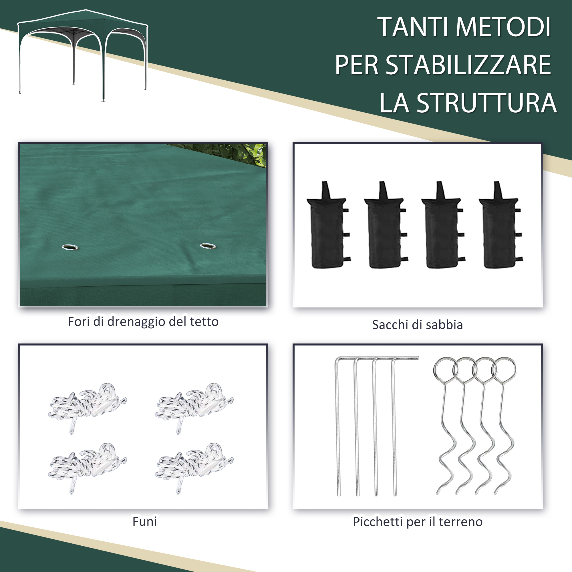 Una tenda con quattro sacchi di sabbia, corde e picchetti per stabilizzare.