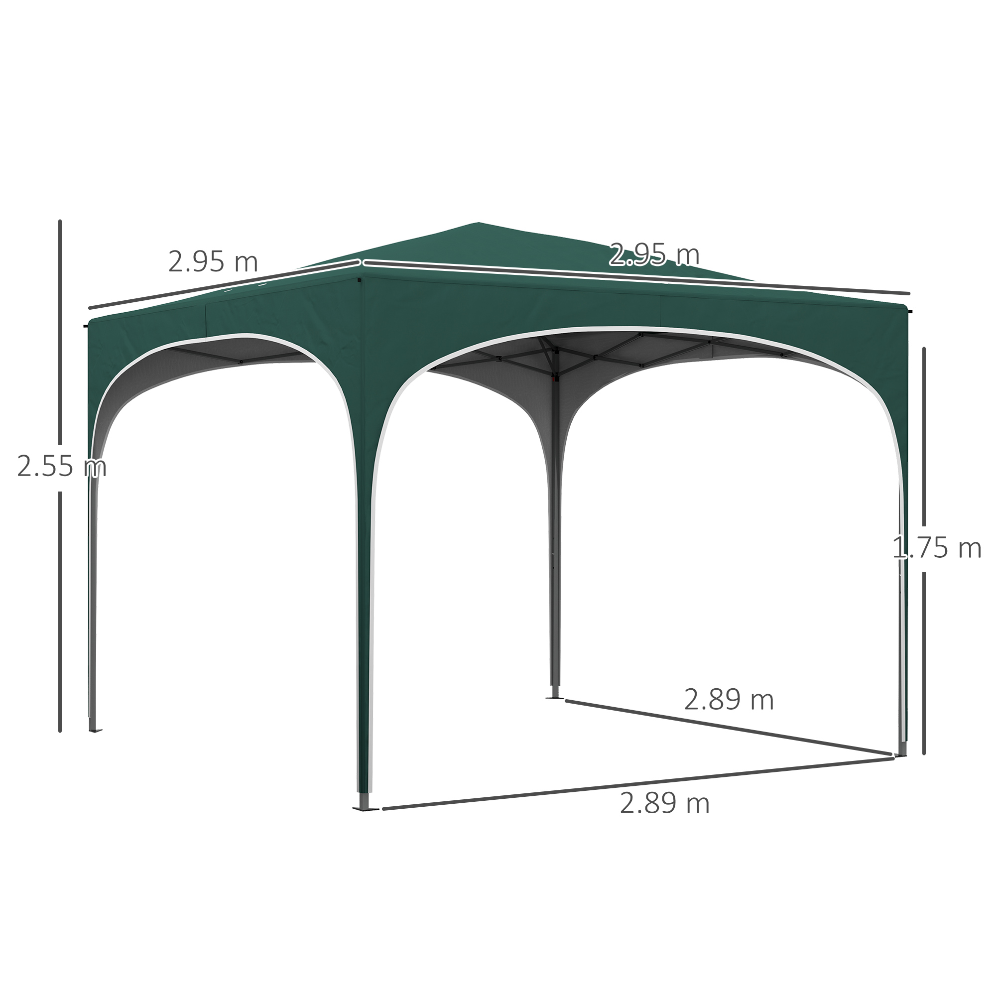 Gazebo verde scuro con finiture bianche. Dimensioni indicate.