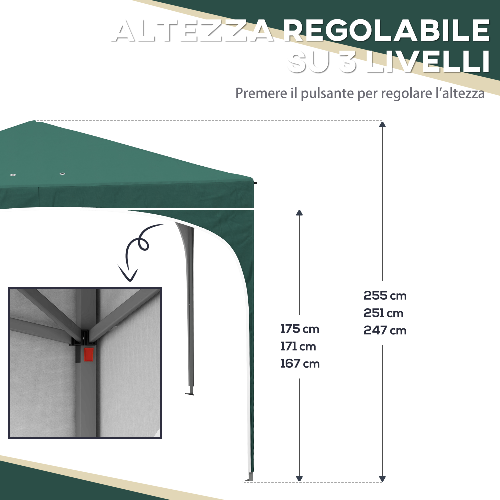 Una tenda verde con altezza regolabile su 3 livelli, dimensioni mostrate.
