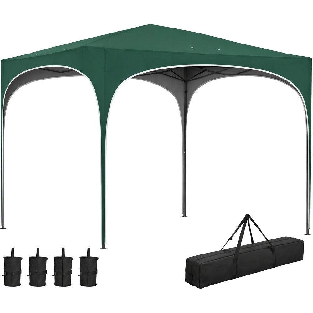 Un gazebo verde a quattro gambe su sfondo bianco, con quattro pesi e una borsa per il trasporto.