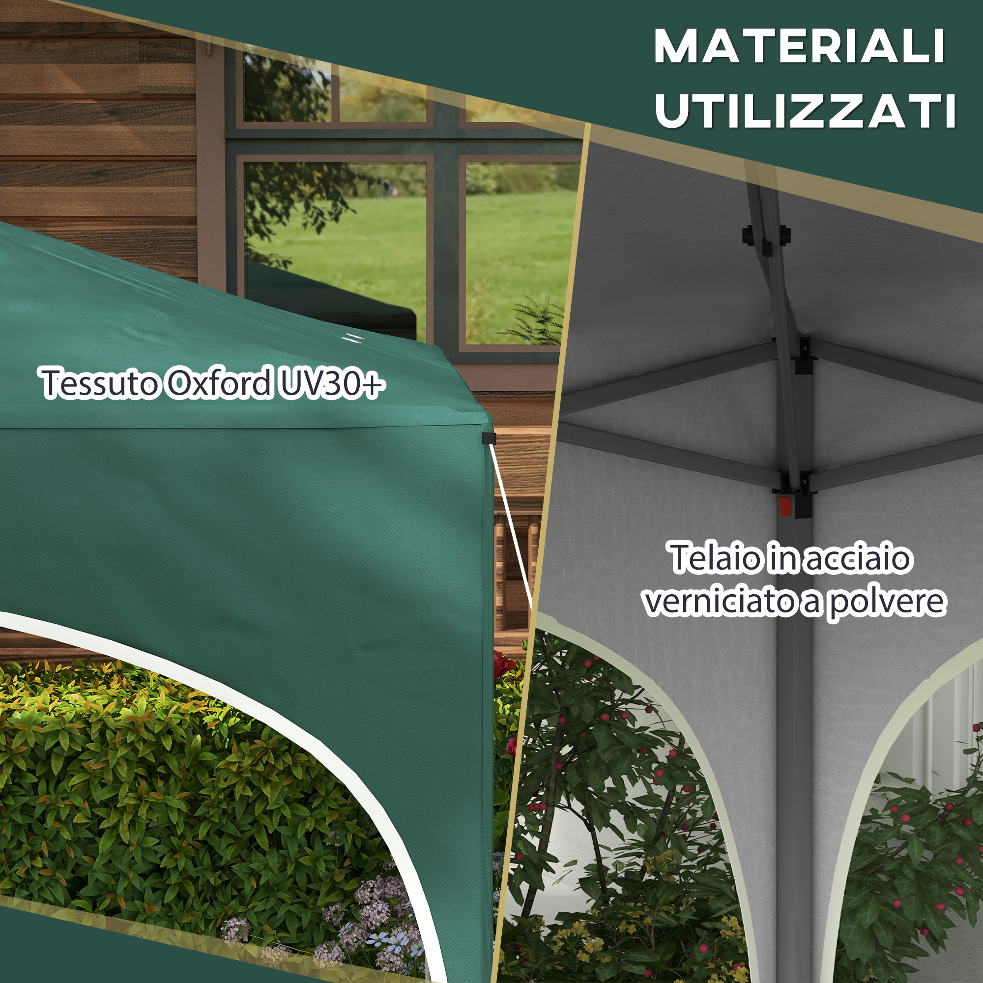 Tessuto Oxford UV30+ verde e telaio in acciaio verniciato a polvere grigio.