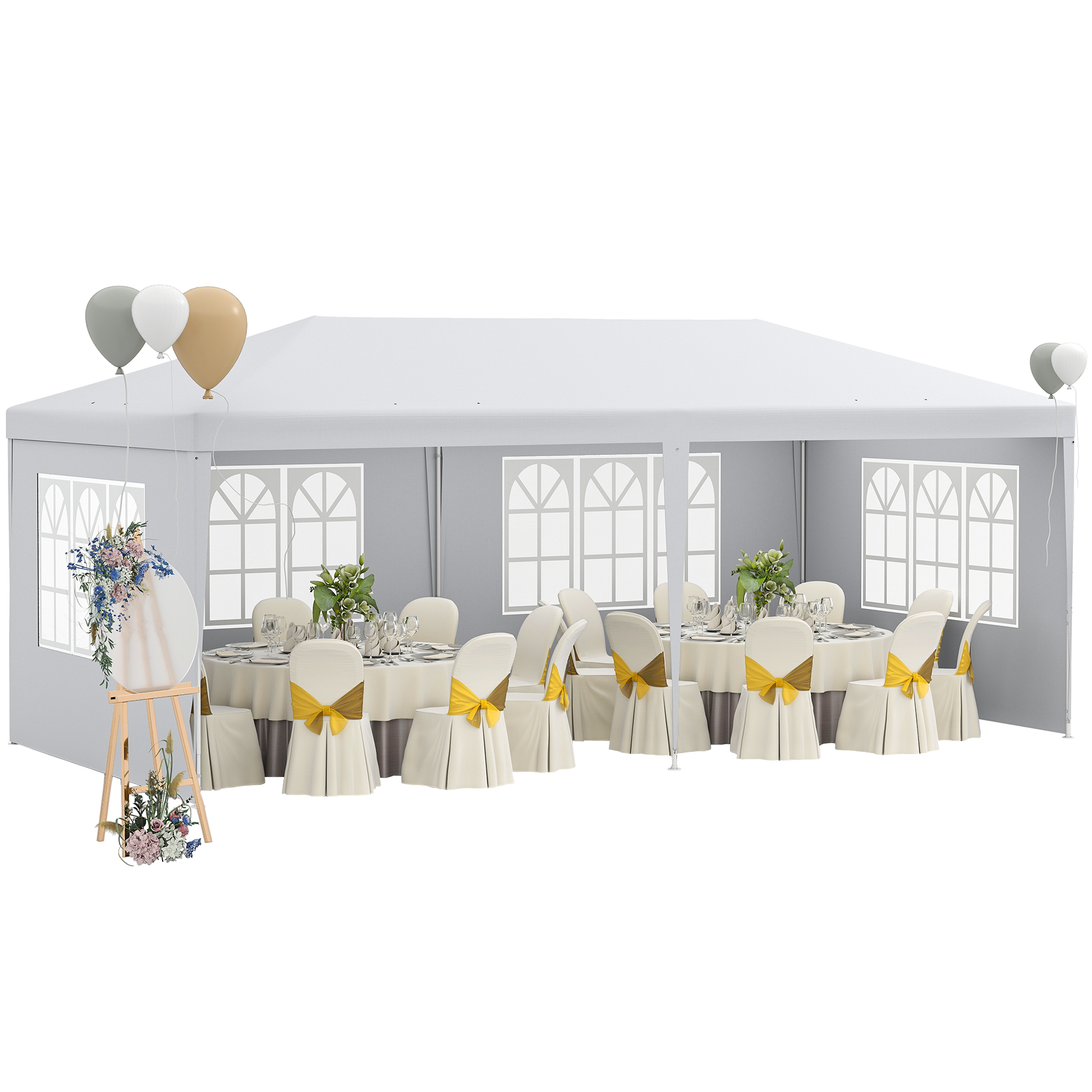 Una tenda da festa con tavoli e sedie apparecchiati, decorata con fiori e palloncini.