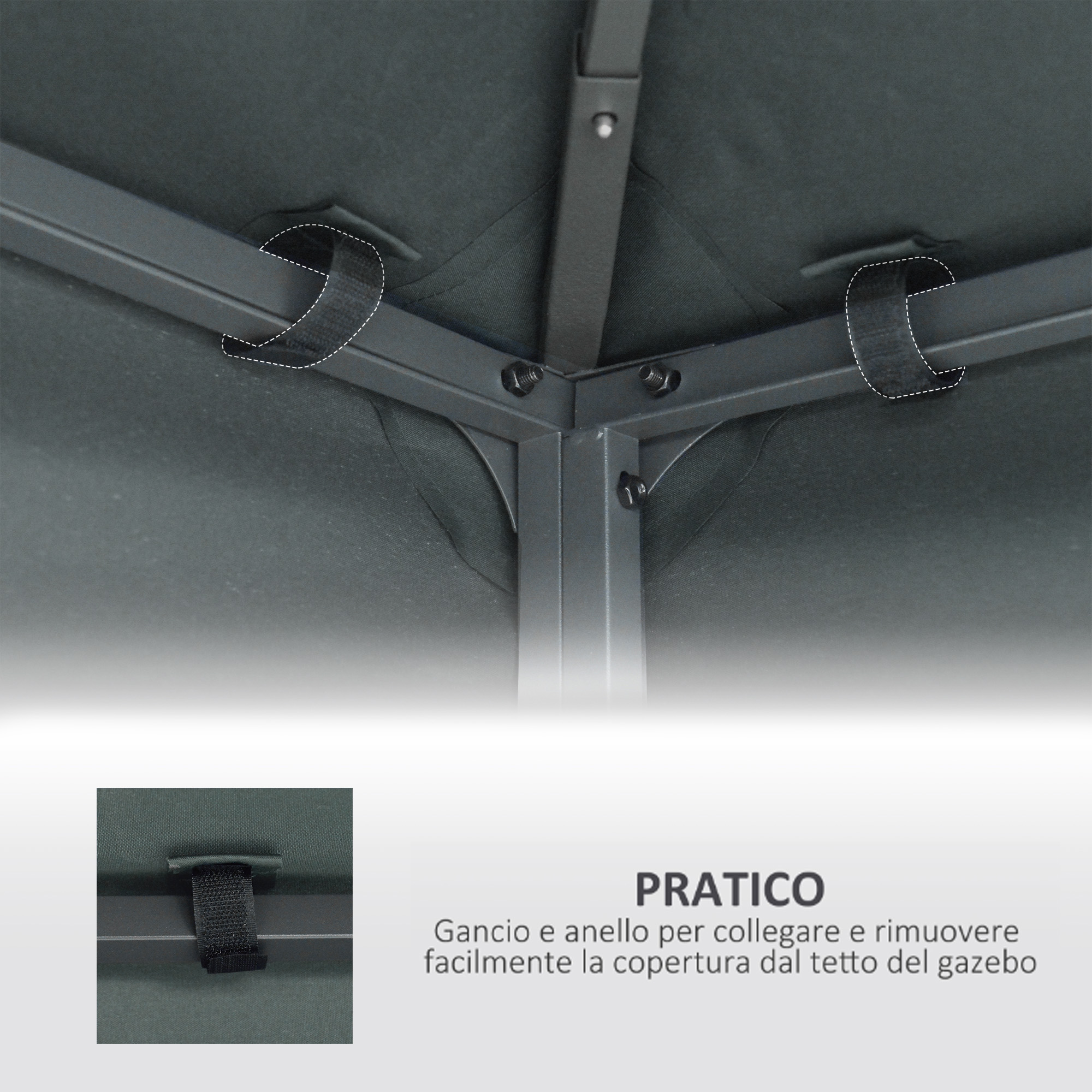 Tetto del gazebo grigio scuro con telaio metallico nero e cinghie in velcro.