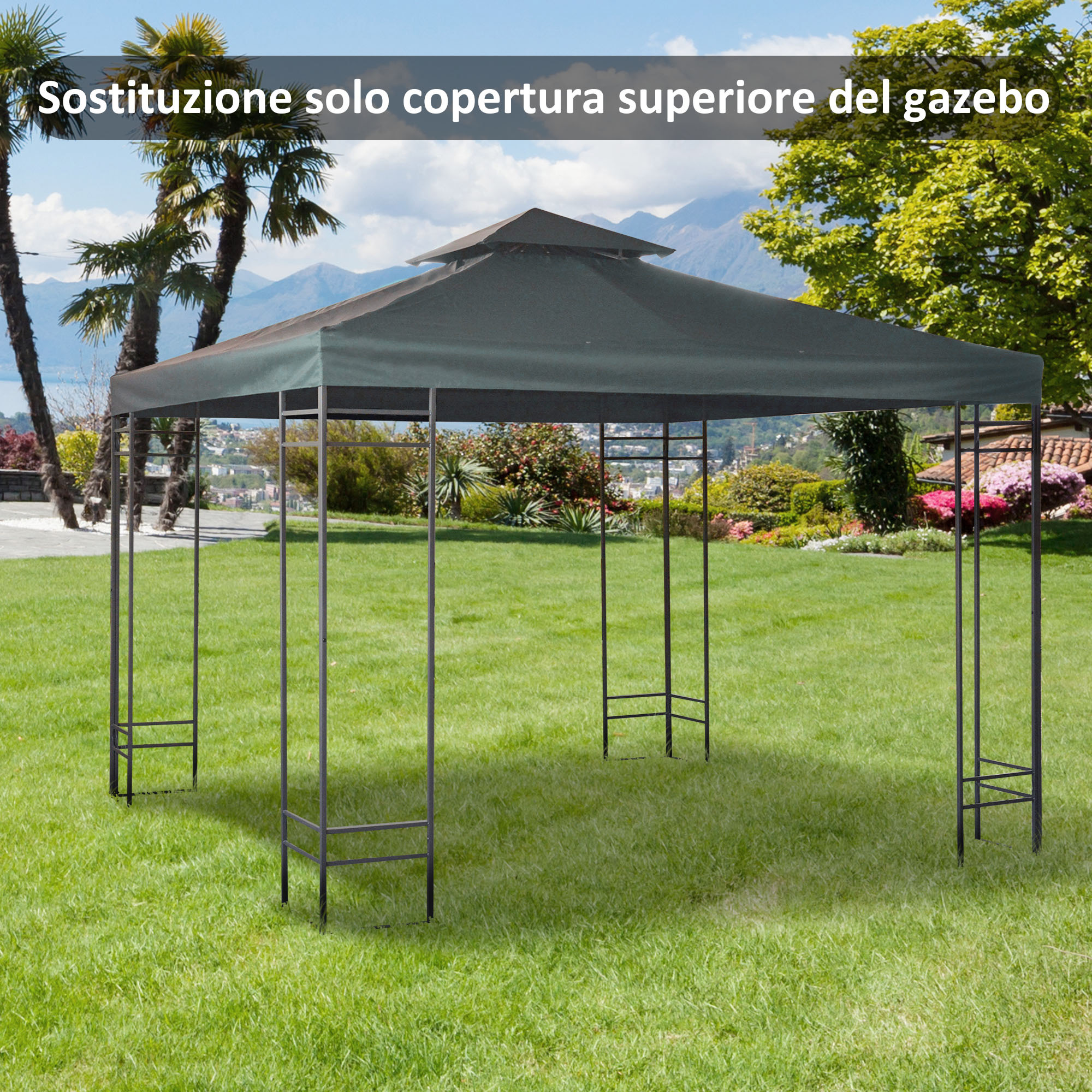 Un gazebo scuro con struttura metallica si trova su un prato verde. Palme sullo sfondo.