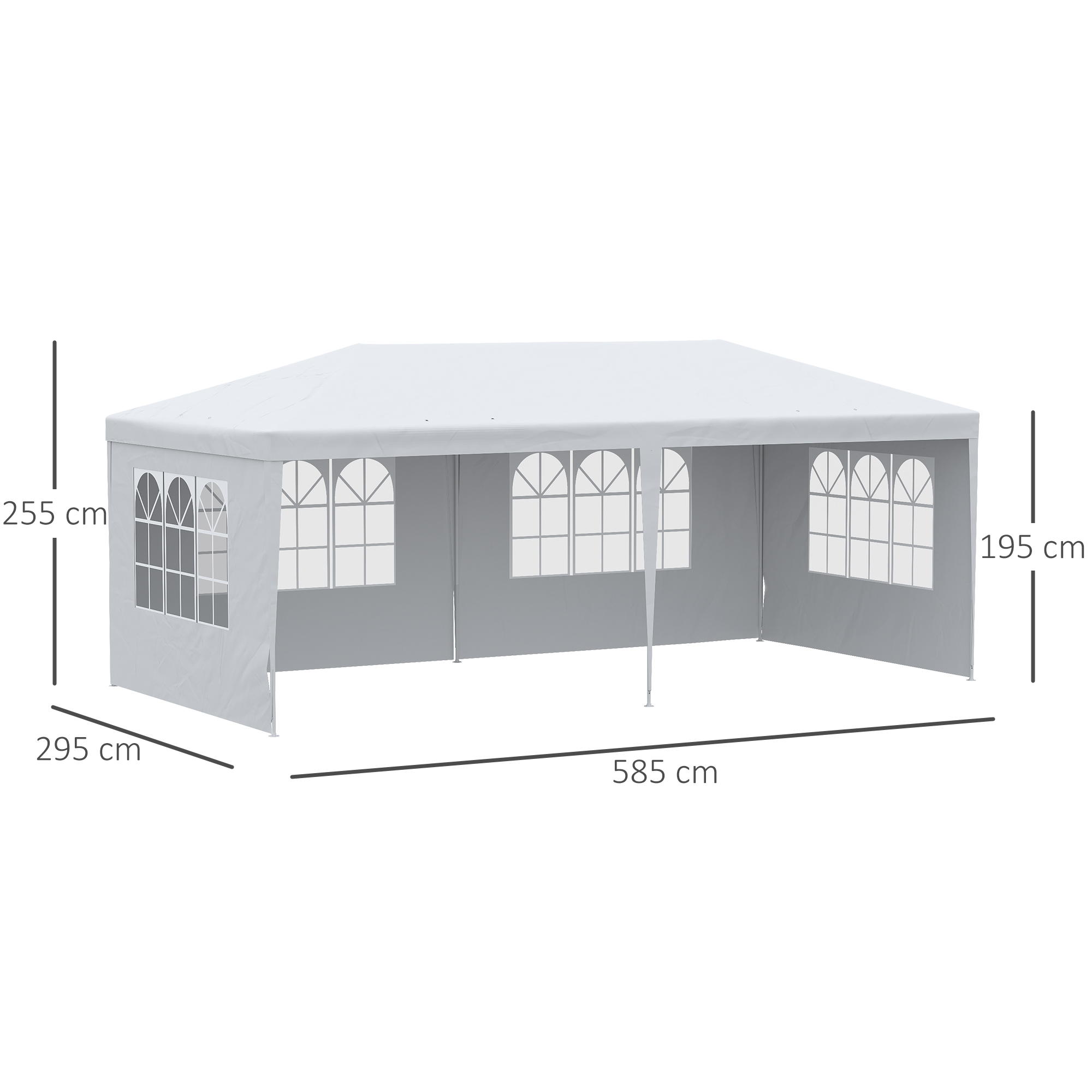 Una tenda da festa bianca di 585x295 cm e altezza 255 cm.