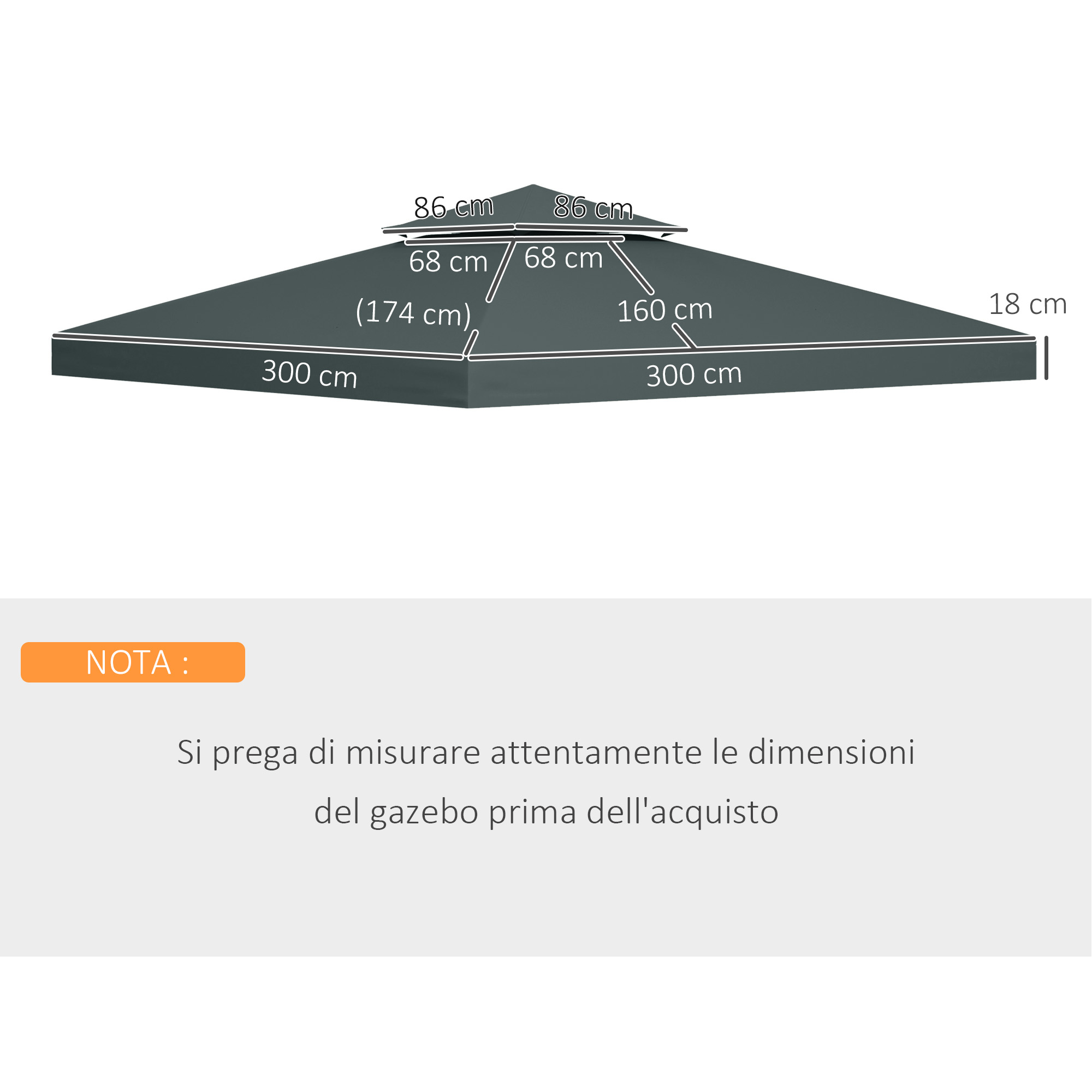 Schema di una parte superiore di gazebo grigio scuro con dimensioni.