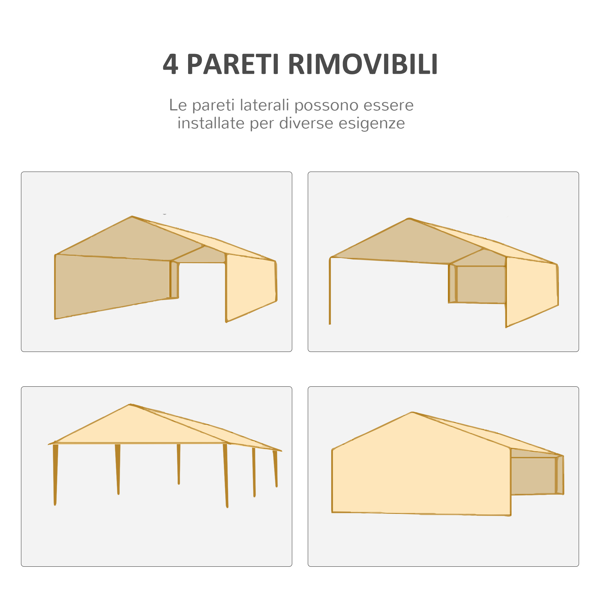 Illustrazioni di tende con e senza pareti laterali.