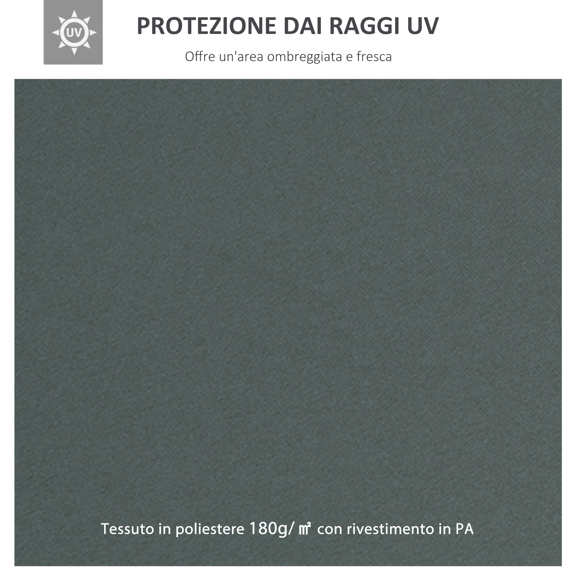 Tessuto grigio con simbolo protezione UV. Poliestere 180g/m² con rivestimento PA.