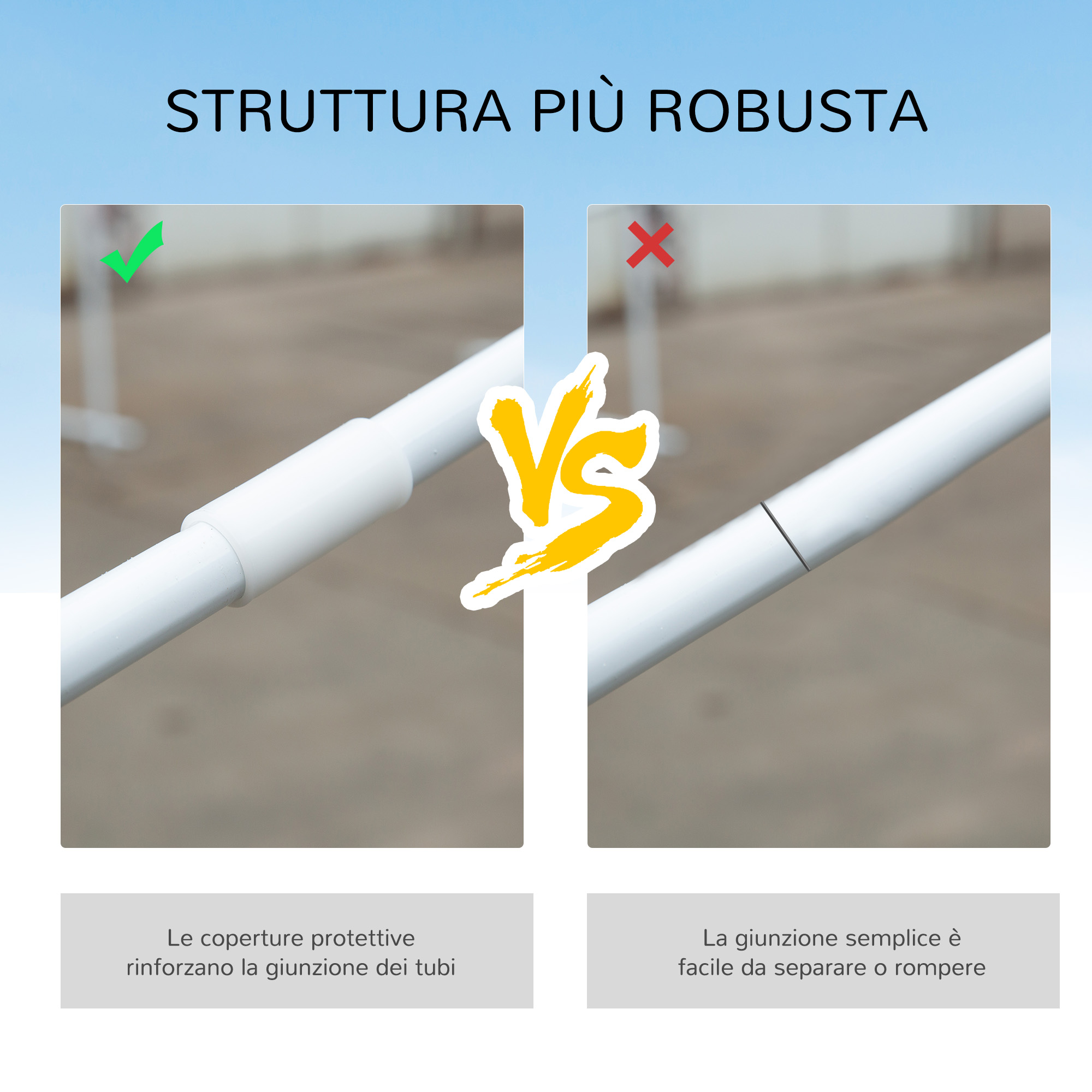 Confronto giunzioni tubi: rinforzata vs. semplice. Spunta verde e croce rossa.