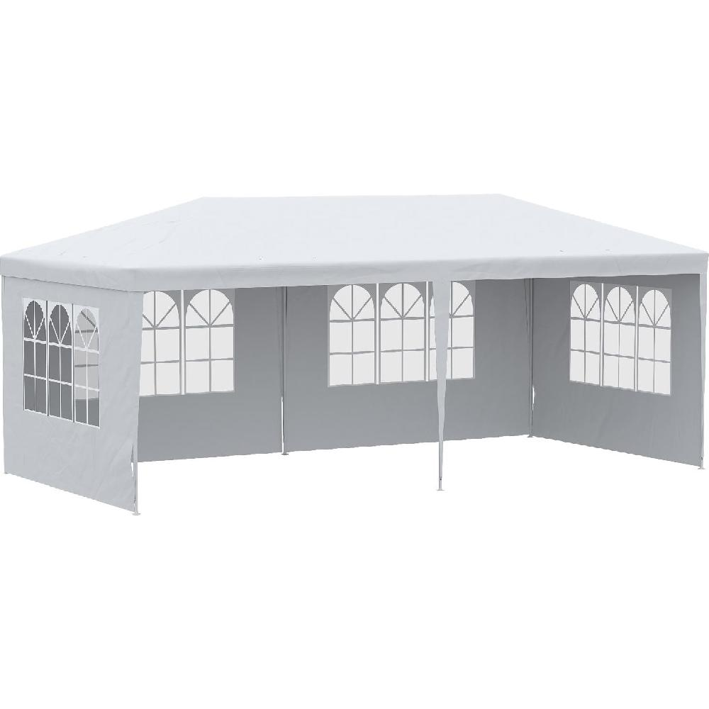 Una tenda bianca con finestre su ogni lato.