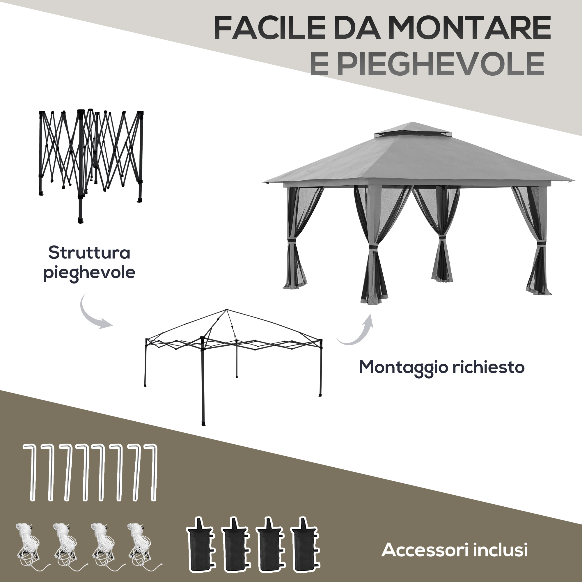 Gazebo grigio con struttura pieghevole e accessori.
