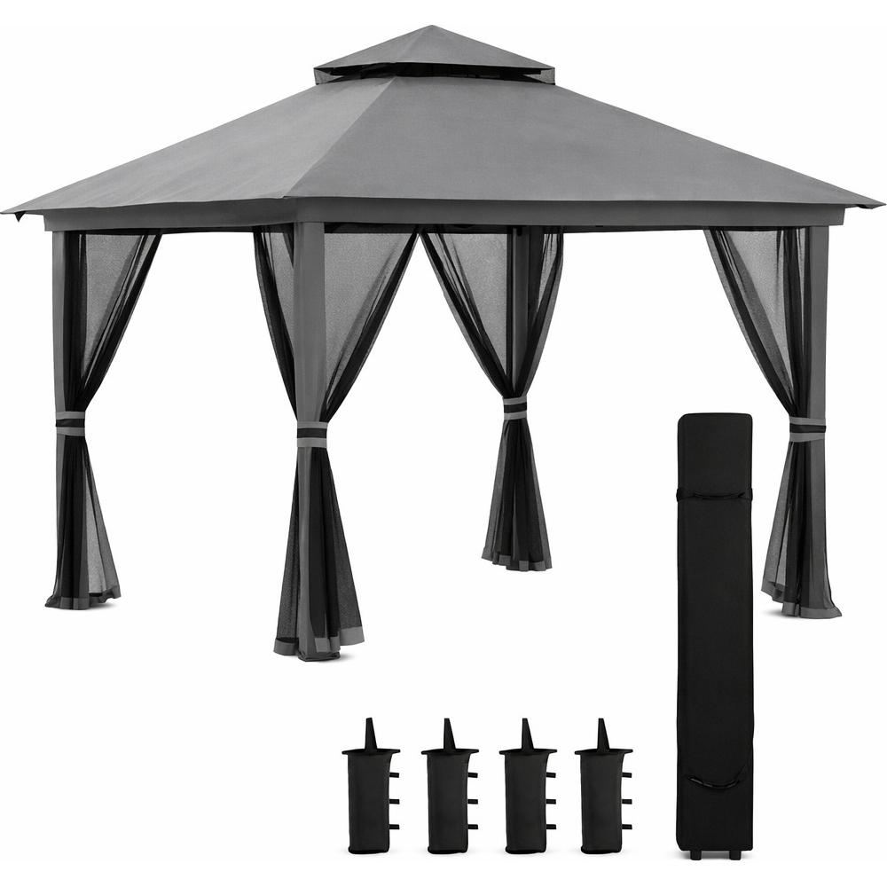 Gazebo grigio con tende nere e accessori su sfondo bianco.