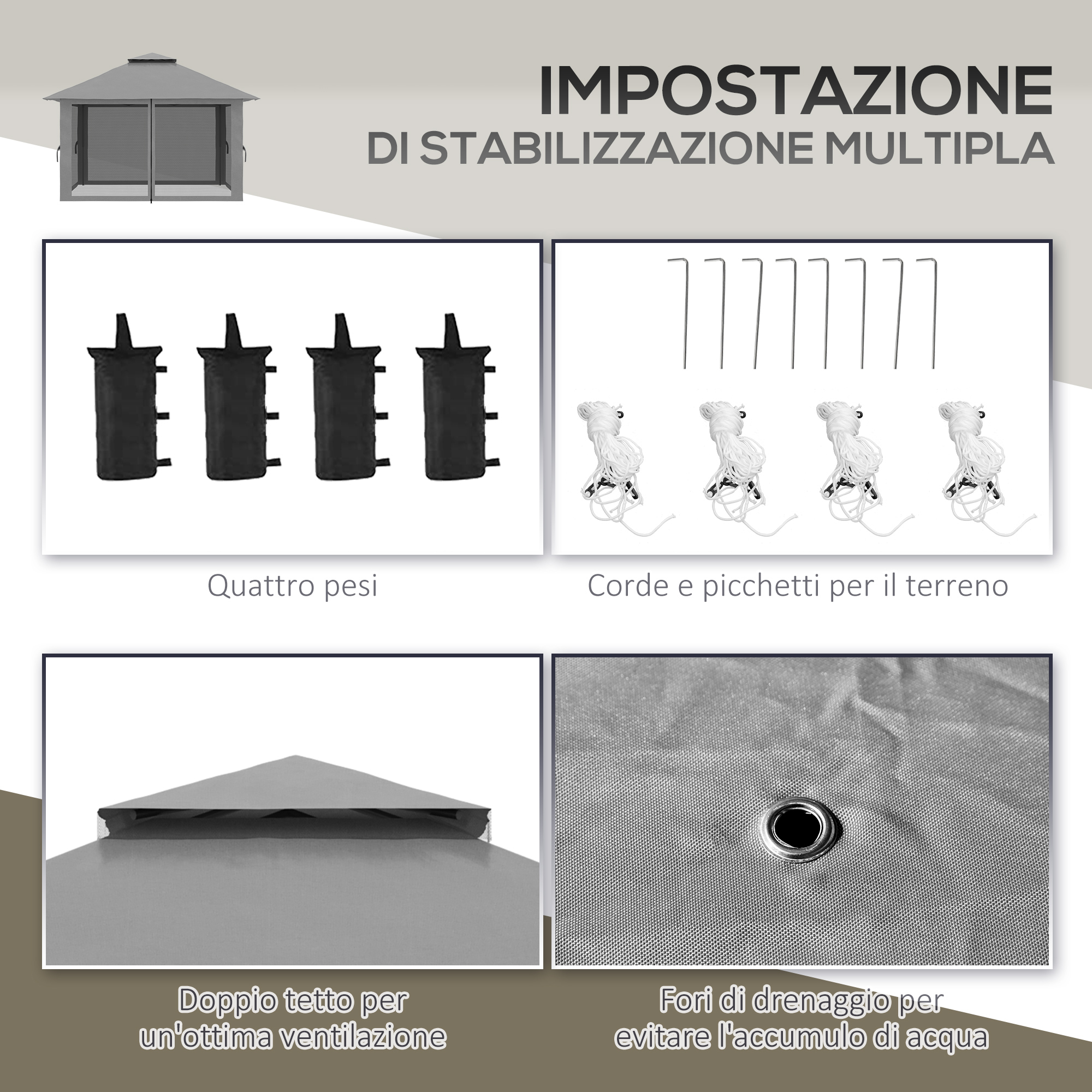 Istruzioni di montaggio gazebo: pesi, picchetti, doppio tetto, fori di drenaggio.