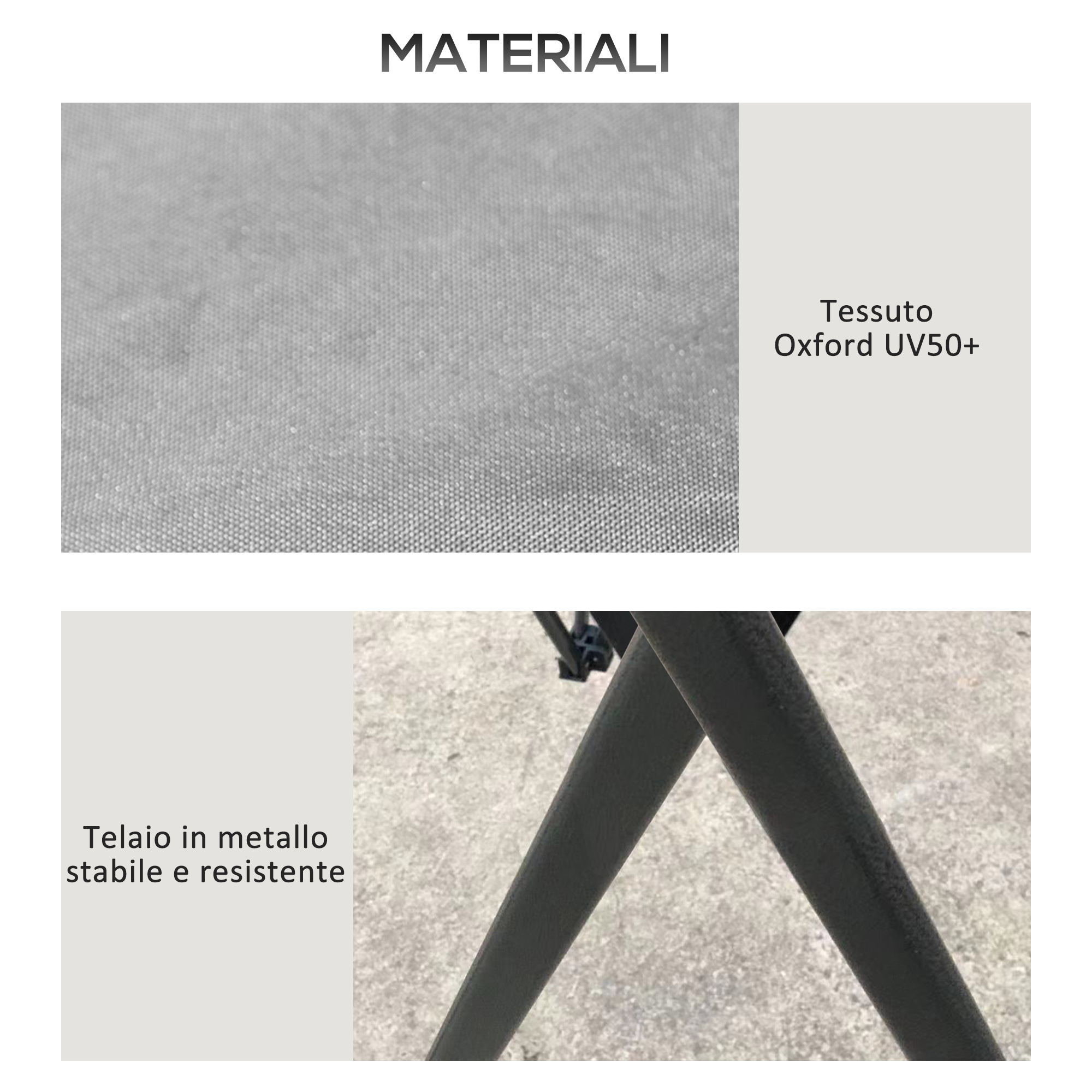 Primo piano di tessuto Oxford UV50+ grigio e gambe del telaio in metallo nero.