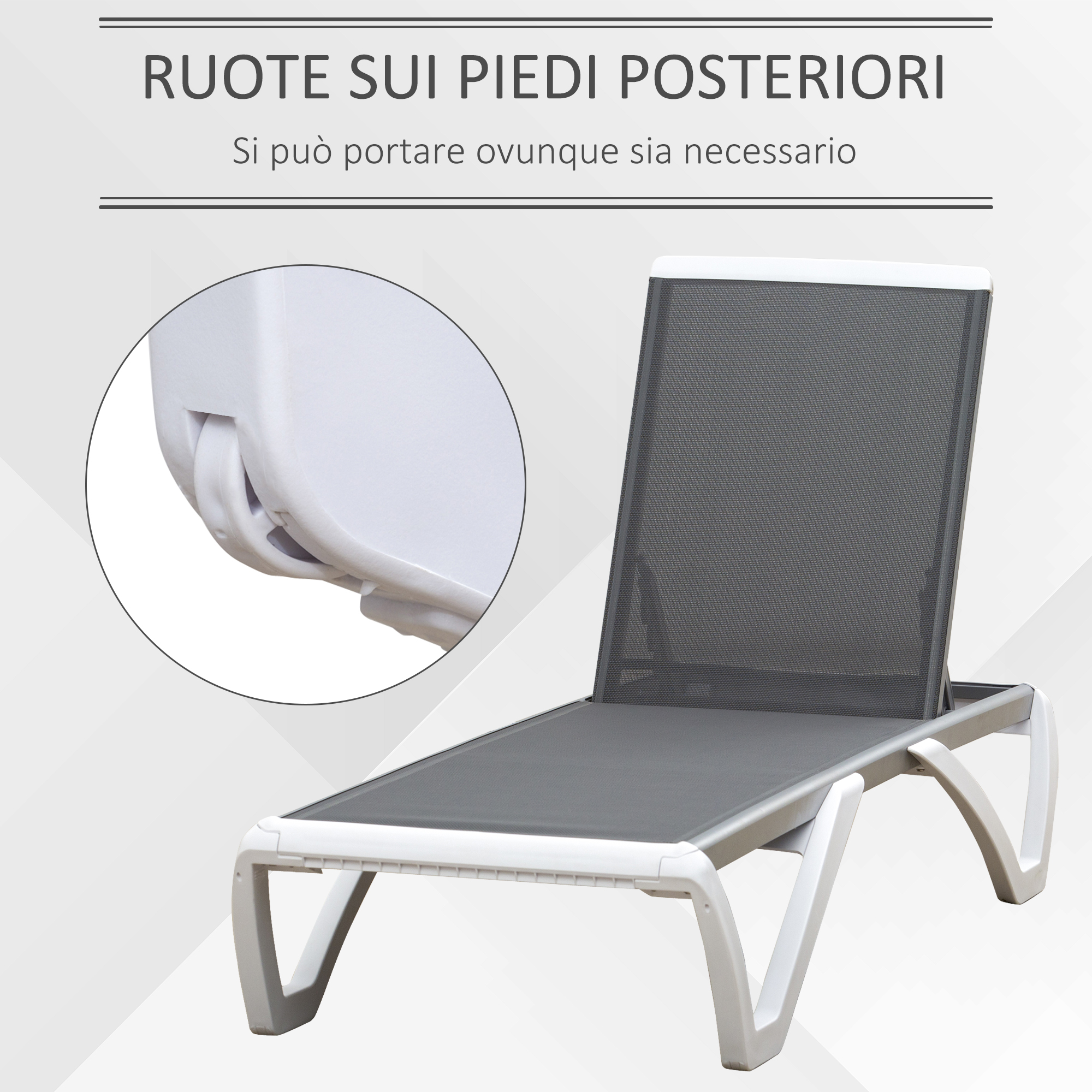 Sdraio grigio con telaio bianco e ruote sulle gambe posteriori.
