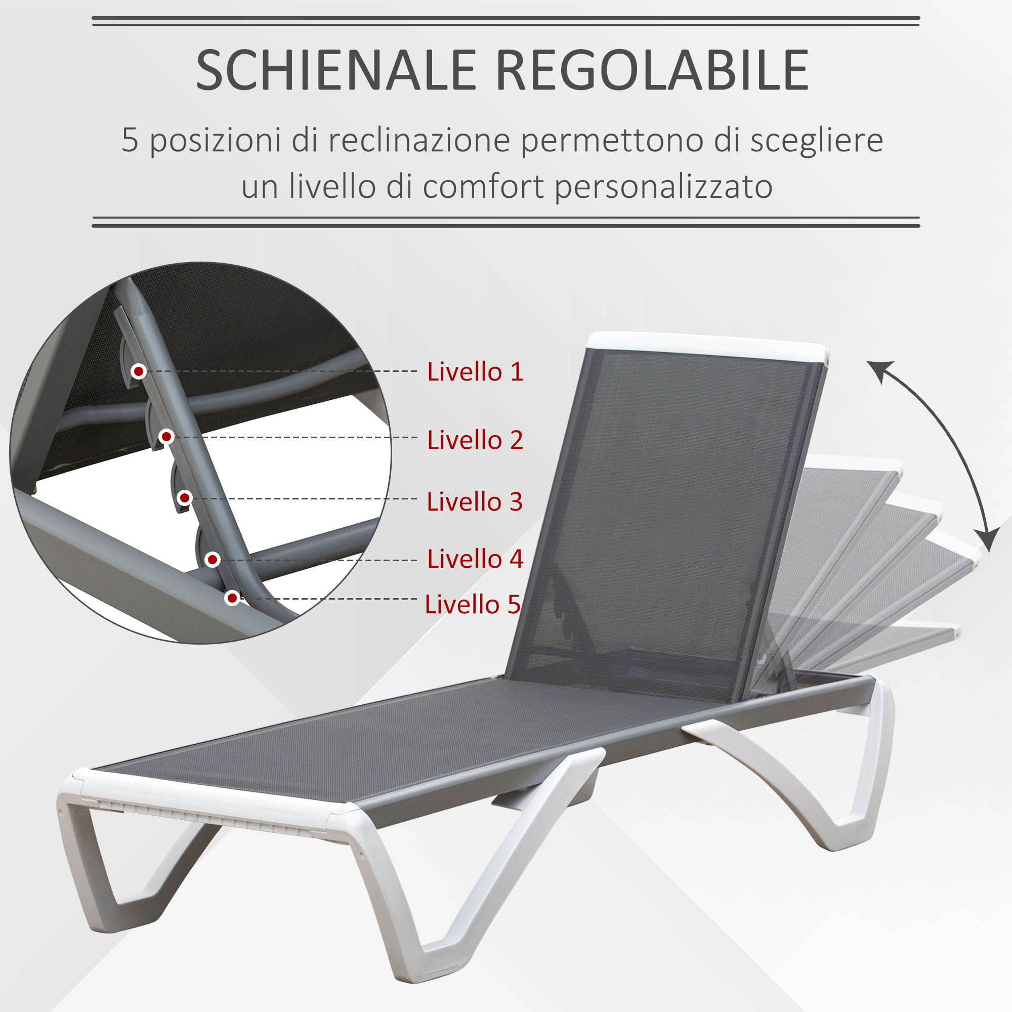 Sdraio grigio con schienale regolabile in 5 posizioni.