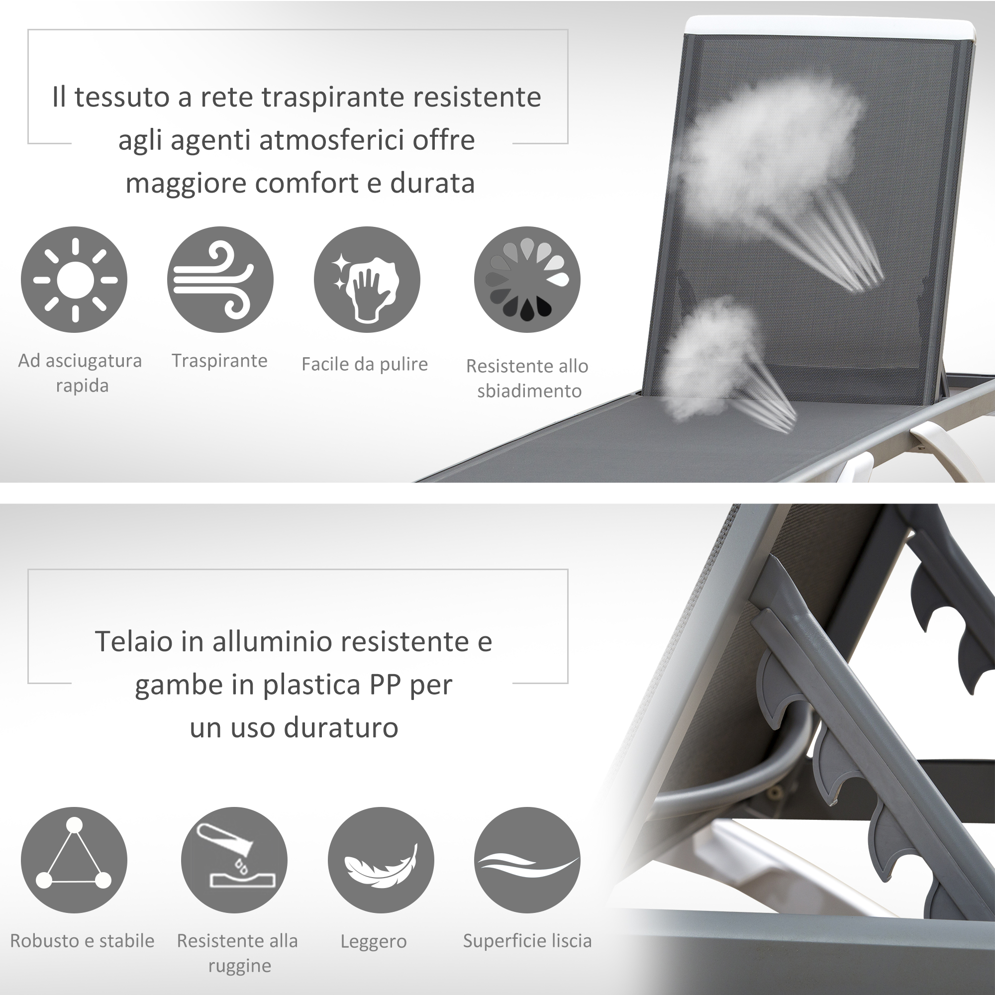 Sdraio grigio con icone: asciugatura rapida, traspirante, facile da pulire.