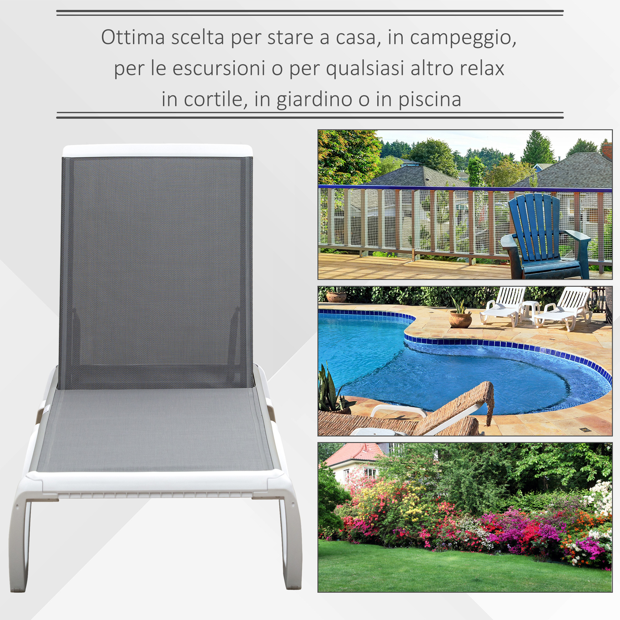 Sdraio grigio con telaio bianco vicino a piscina, ponte e giardino.