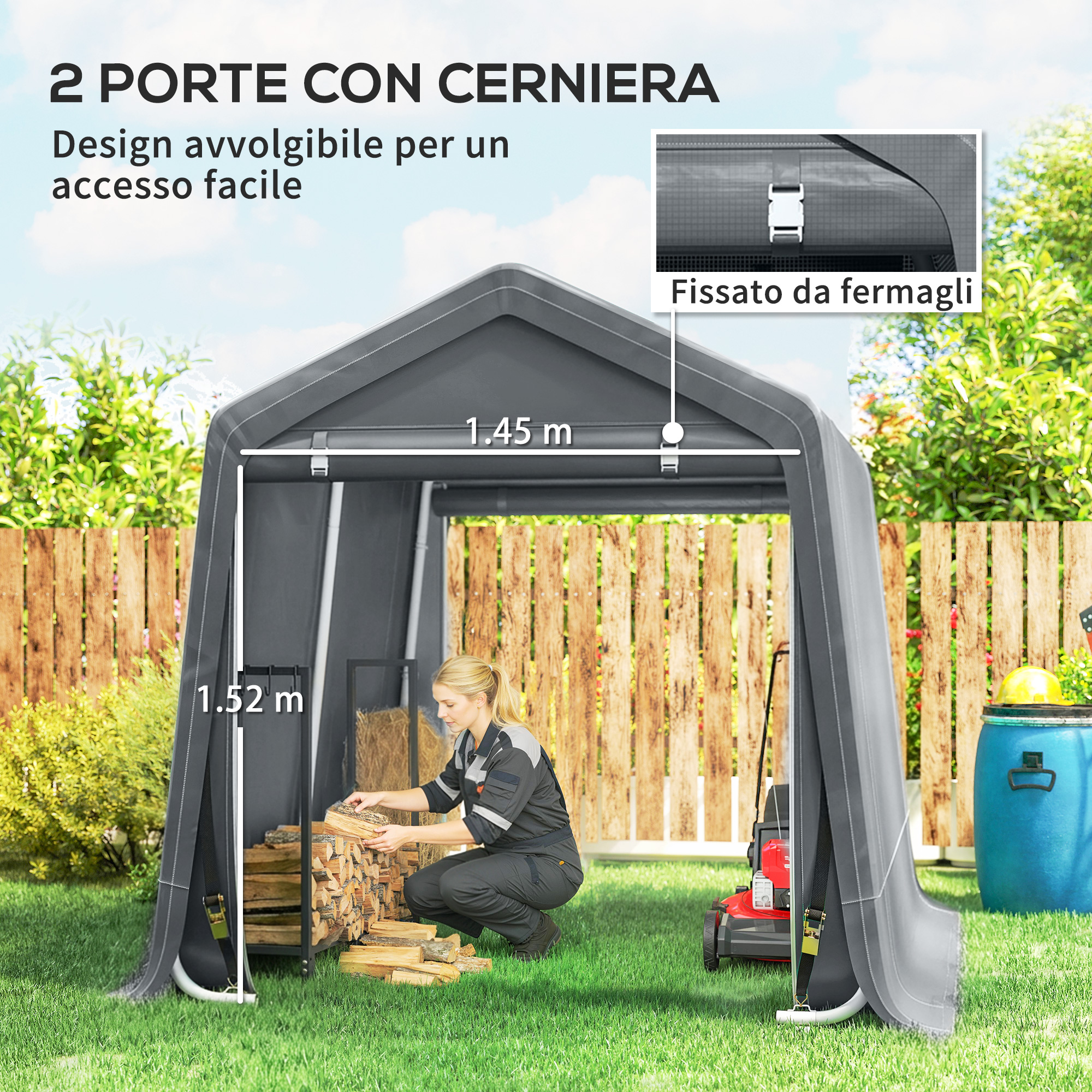 Donna impila legna dentro una tenda grigia di 1,45m x 1,52m.