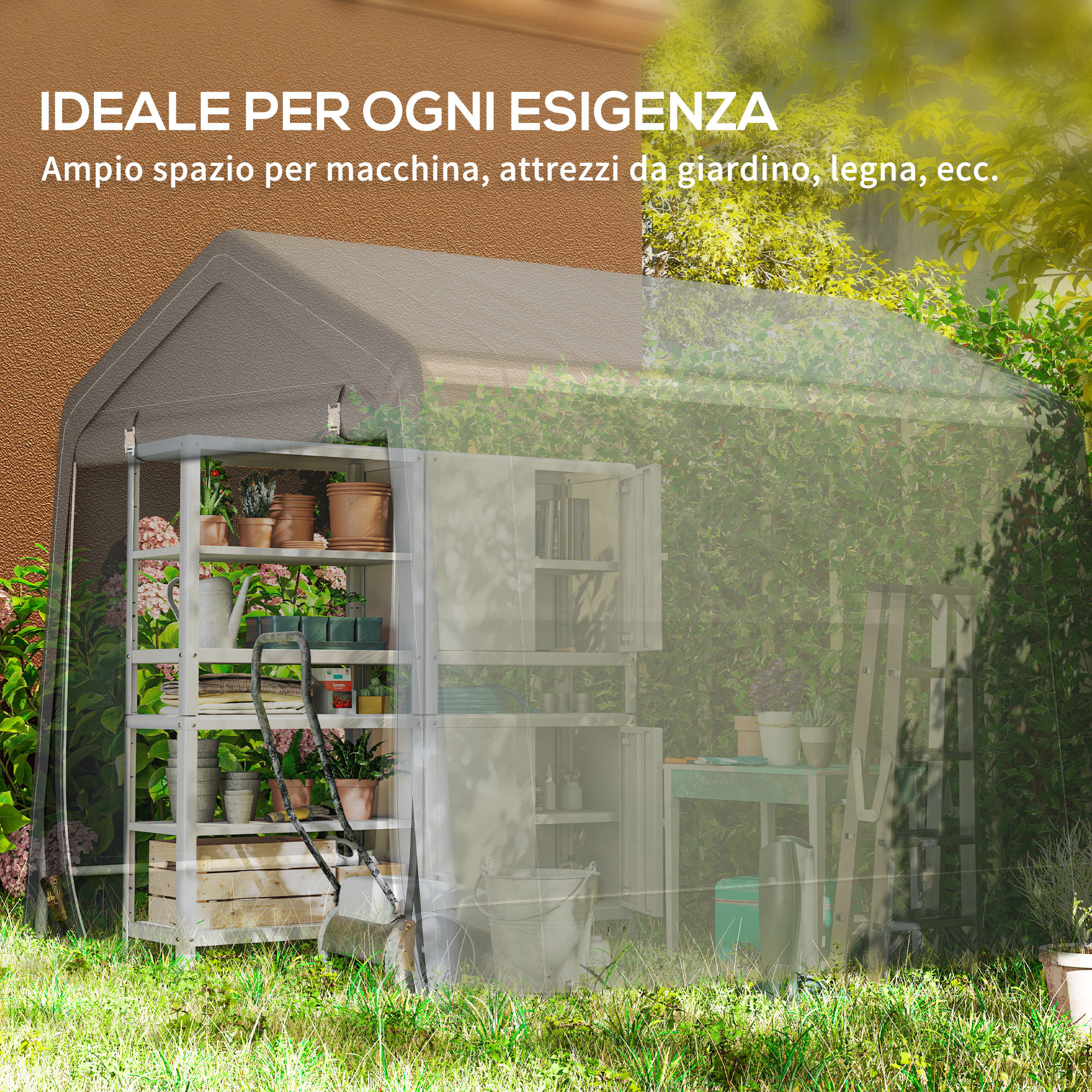 Una serra grigia con scaffali contenenti attrezzi da giardinaggio, piante e vasi.