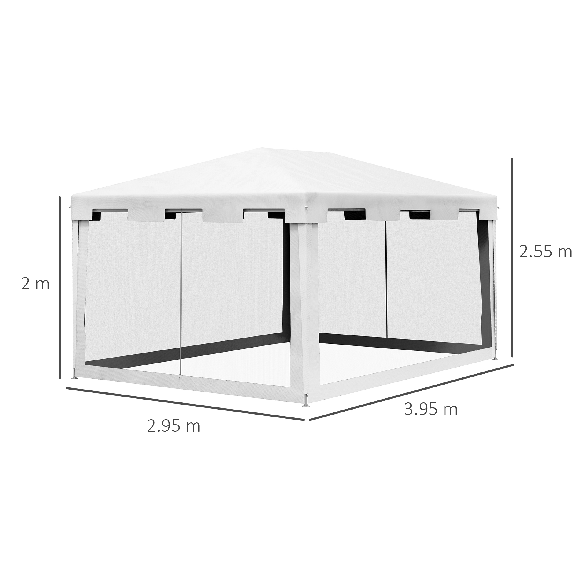 Una tenda gazebo bianca con zanzariere, dimensioni 2,95x3,95x2,55 m.