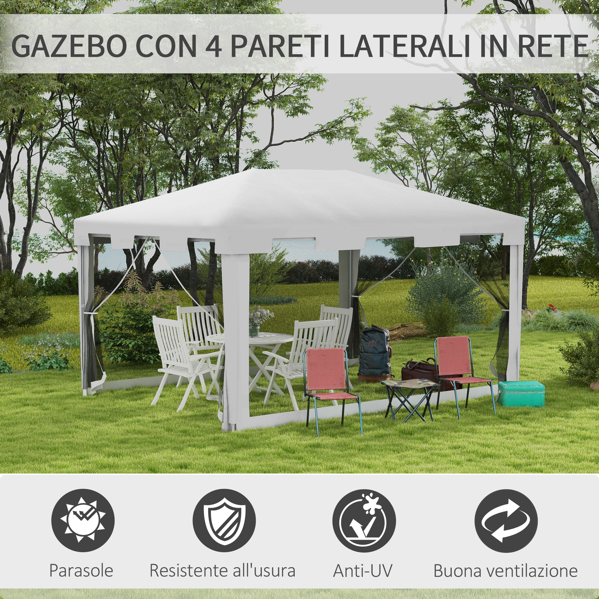 Gazebo bianco in giardino con tavolo, sedie, zaino e borsa frigo.