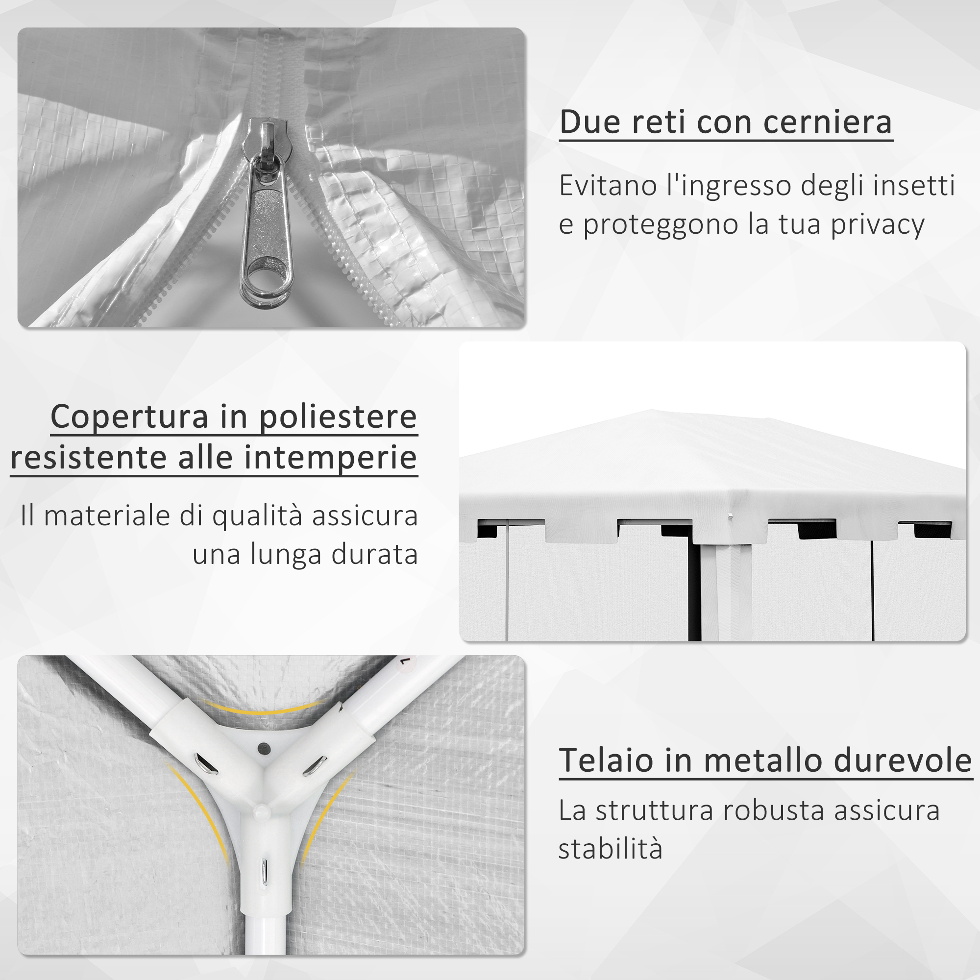 Primo piano di una tenda bianca con dettagli di cerniera, tessuto e telaio metallico.