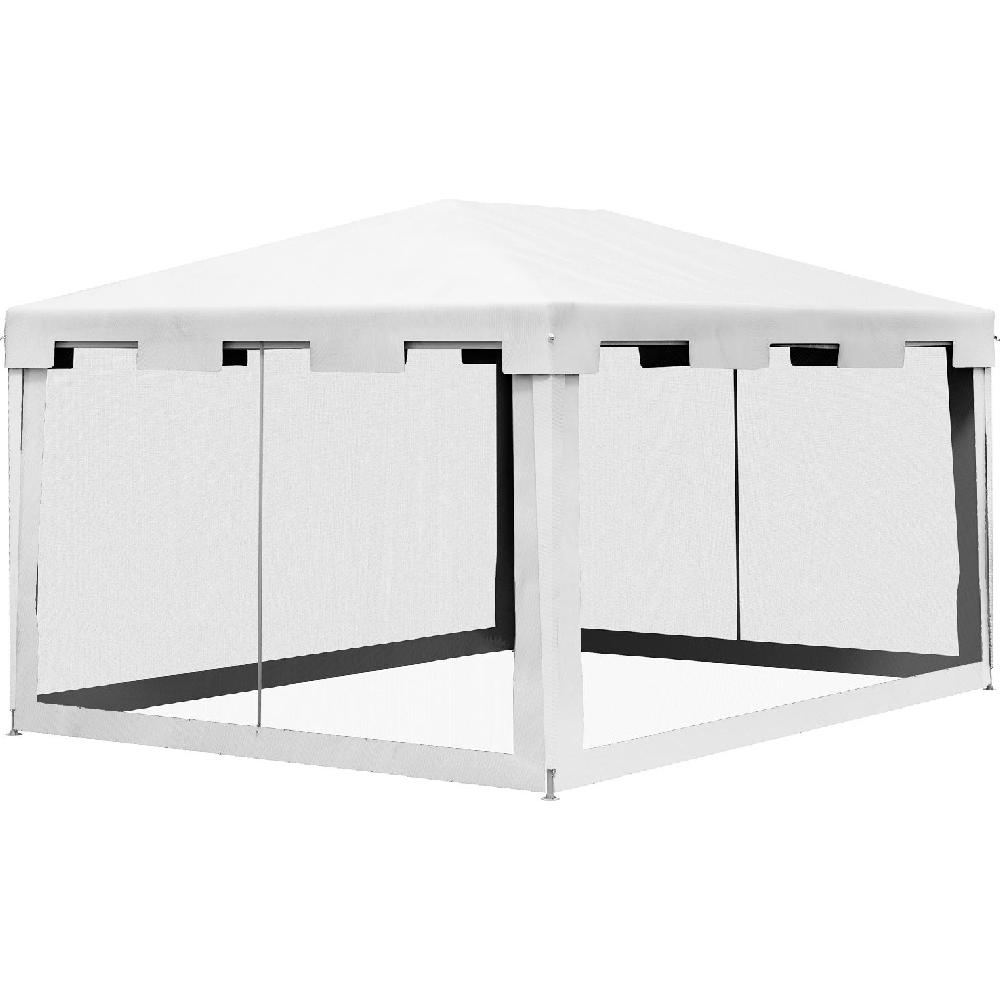 Un gazebo bianco con pareti in rete su sfondo bianco.