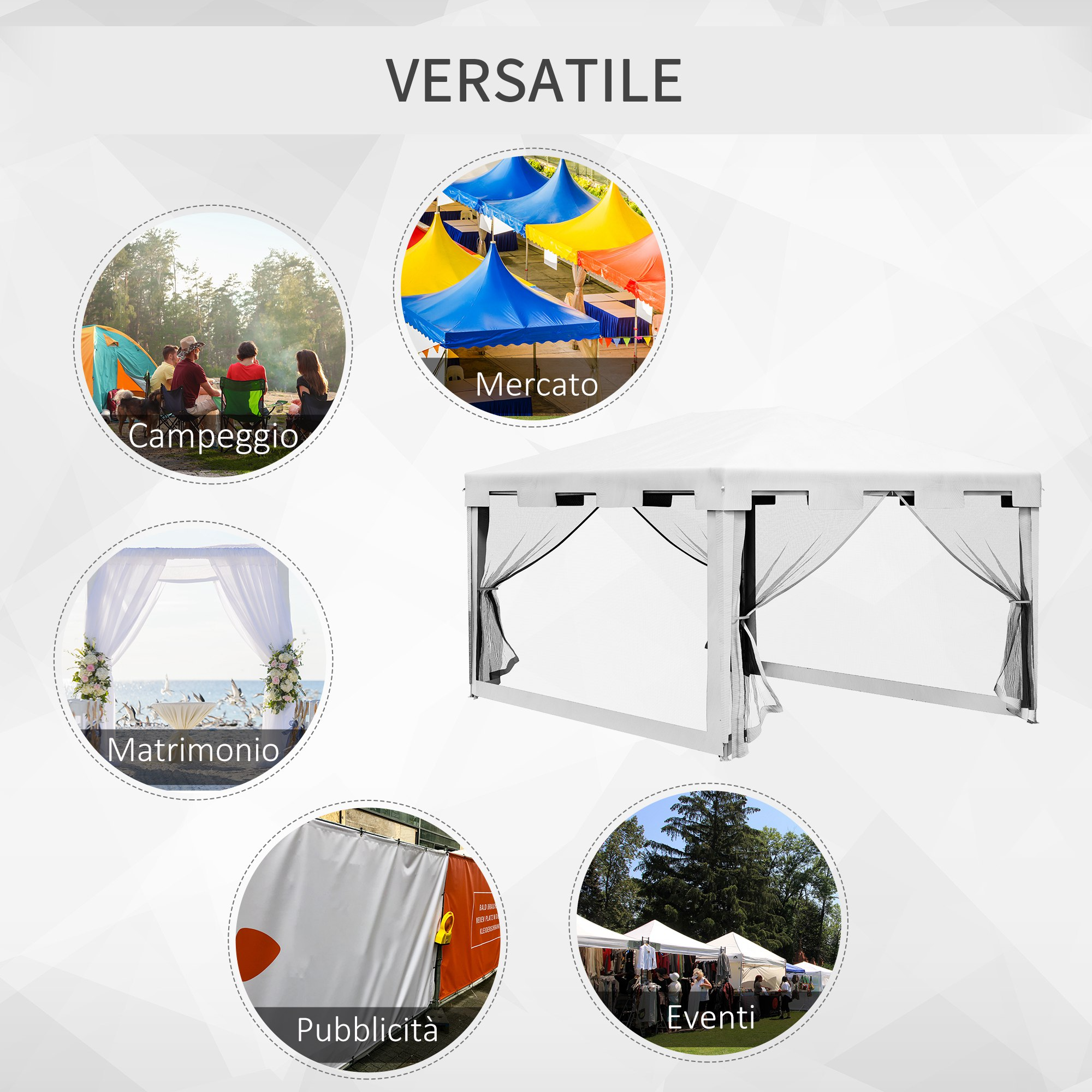 Molteplici gazebo: campeggio, mercato, matrimonio, pubblicità, evento.