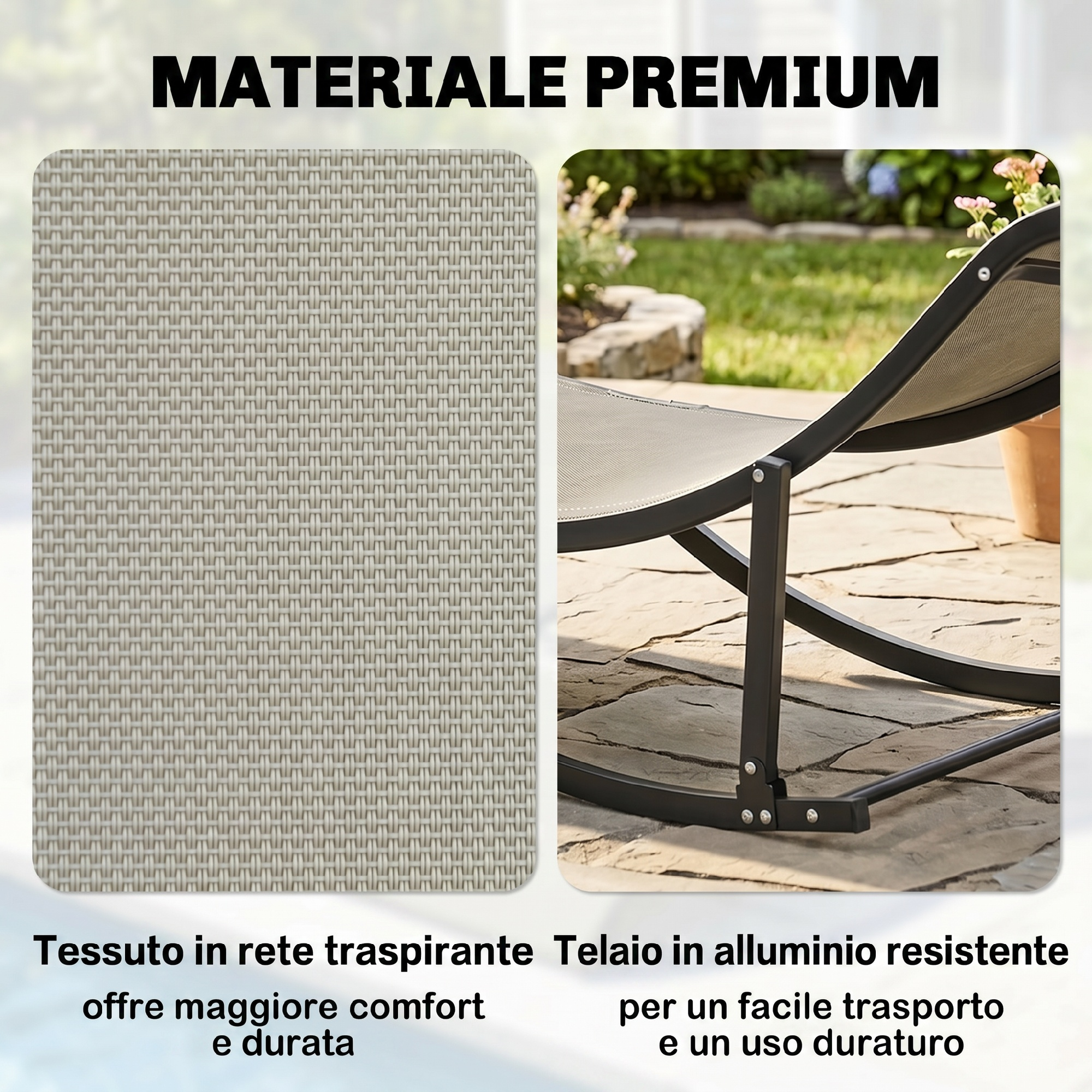 Materiale Premium: Tessuto in rete traspirante e telaio in alluminio.