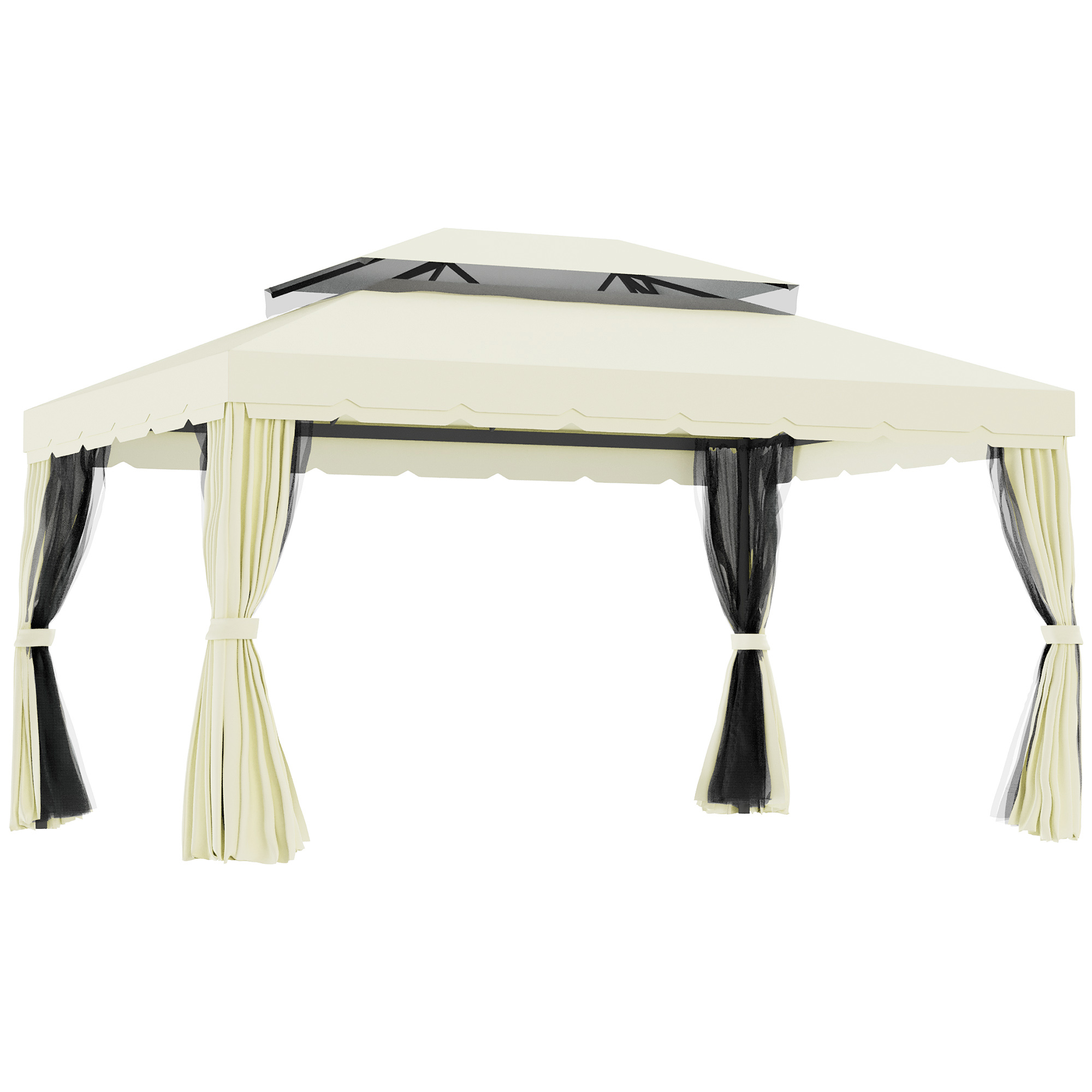 Un gazebo color crema con zanzariera e tende nere.