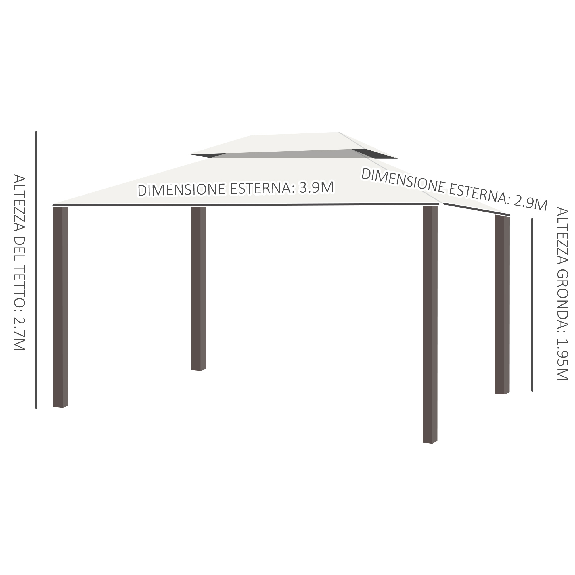 Un gazebo con quattro pali e tetto a due livelli. Misure indicate.
