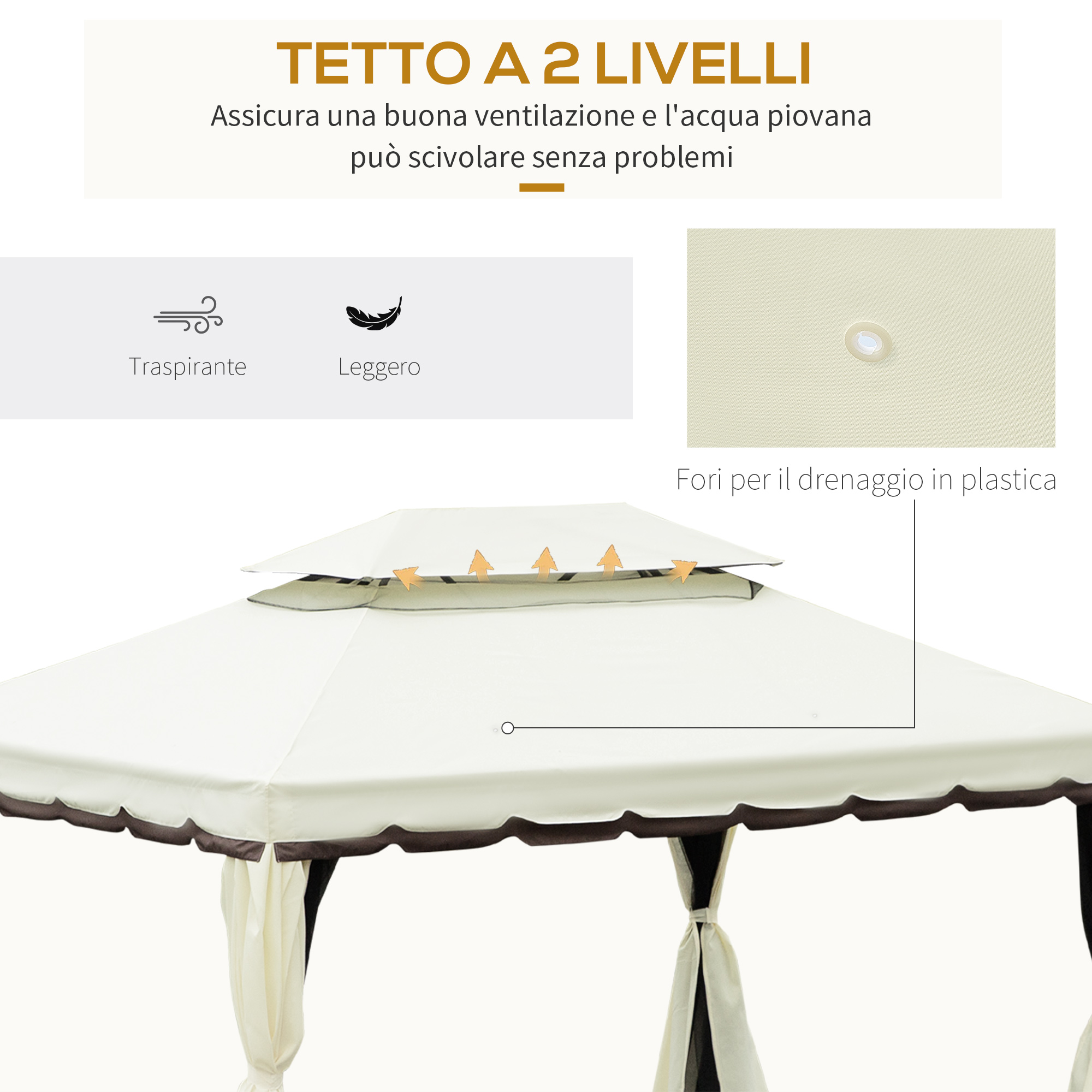 Un gazebo color crema a due livelli con ventilazione e fori di drenaggio.