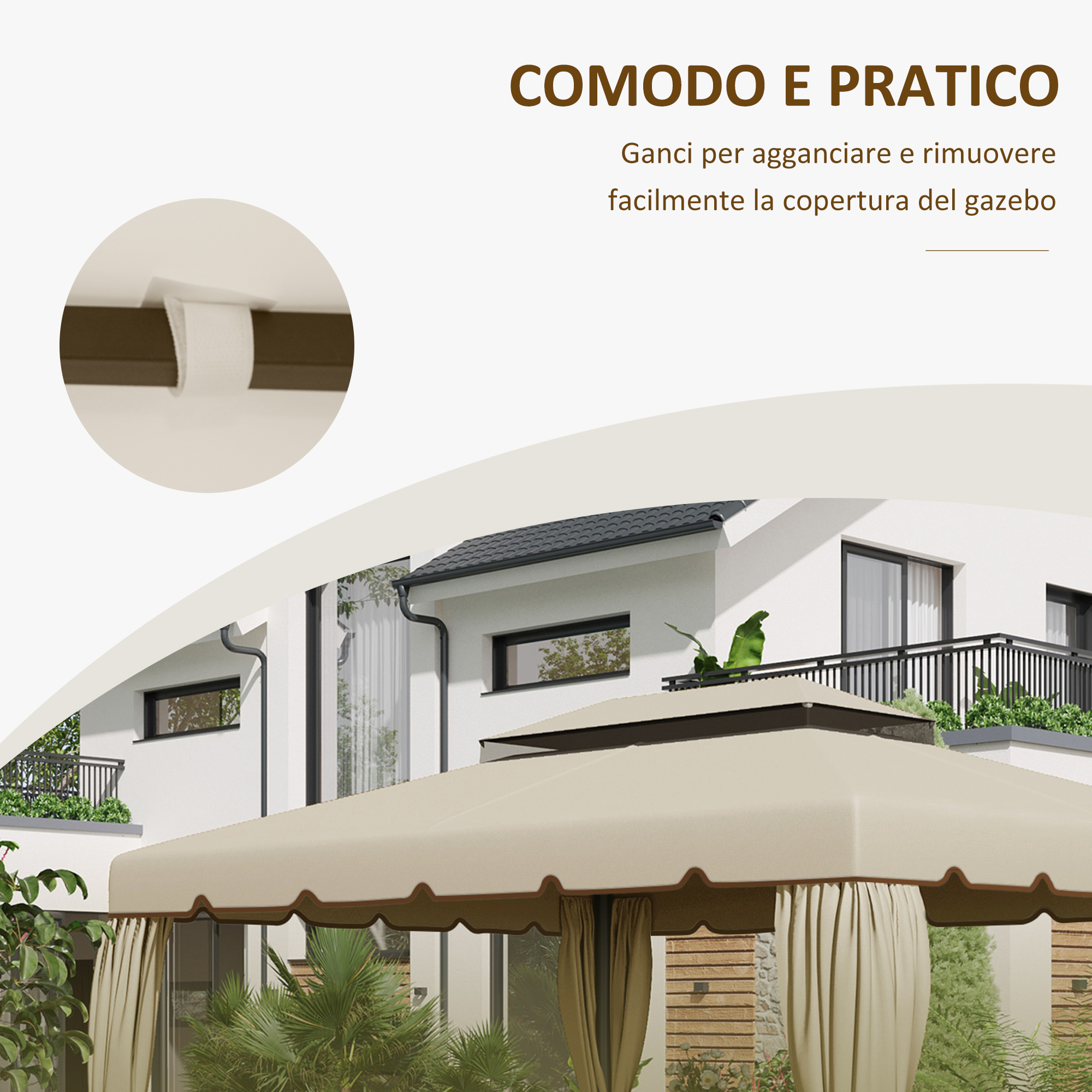 Un gazebo beige con un gancio che fissa la copertura. Casa sullo sfondo.