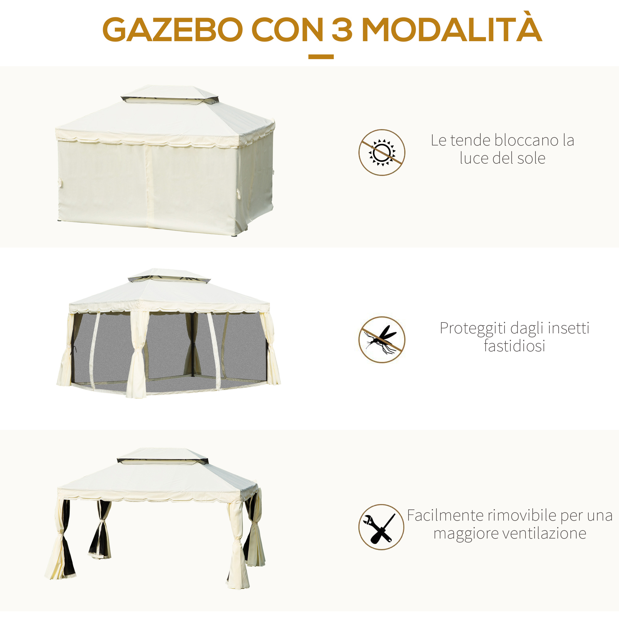 Gazebo beige in tre modalità: parasole, zanzariera, ventilazione.