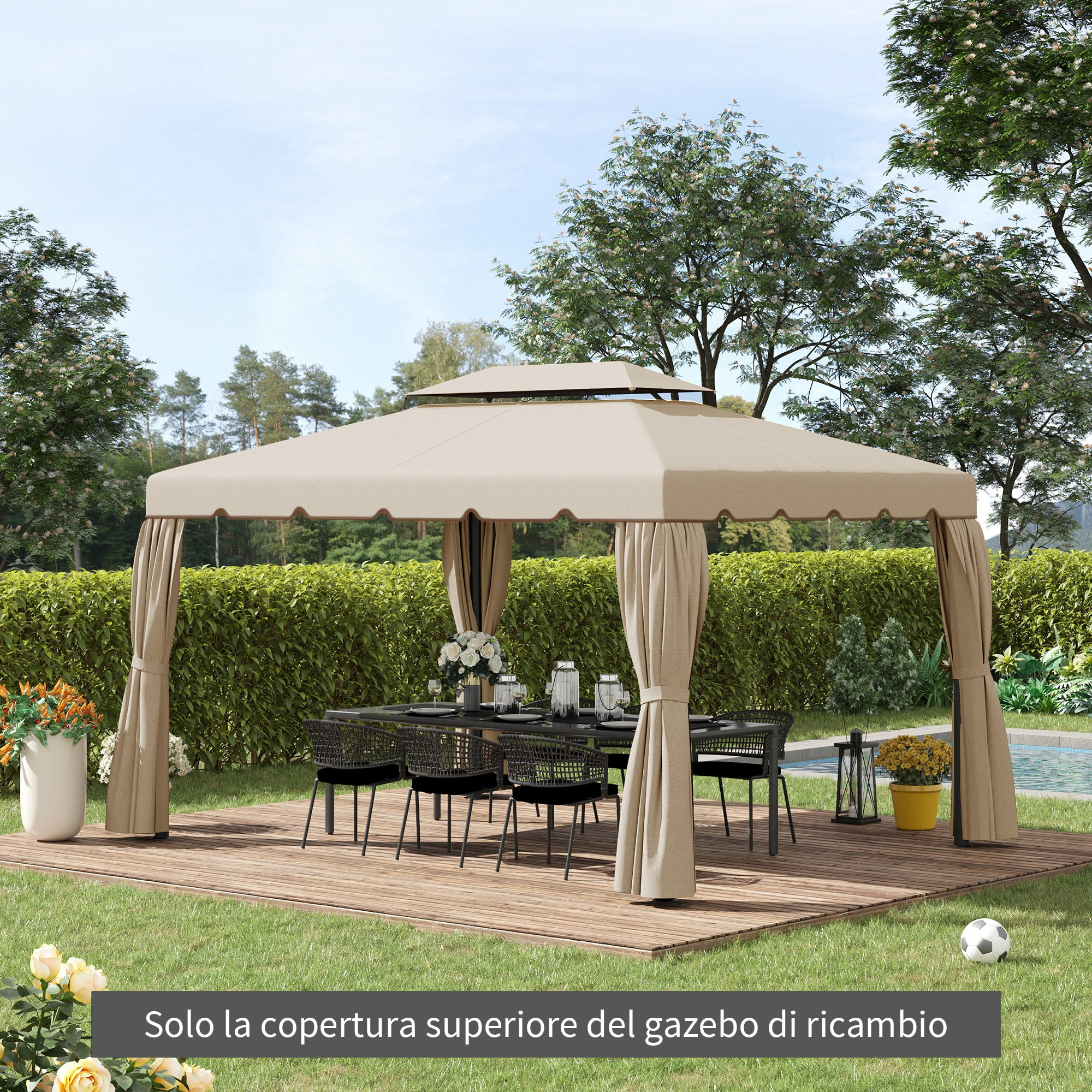 Un gazebo beige con tavolo e sedie su una terrazza in legno in giardino.