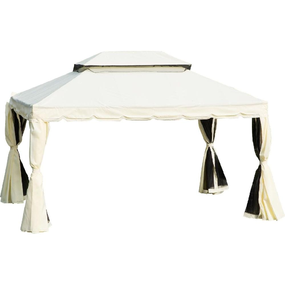 Un gazebo color crema con tetto a doppio strato e tende bordate di nero.