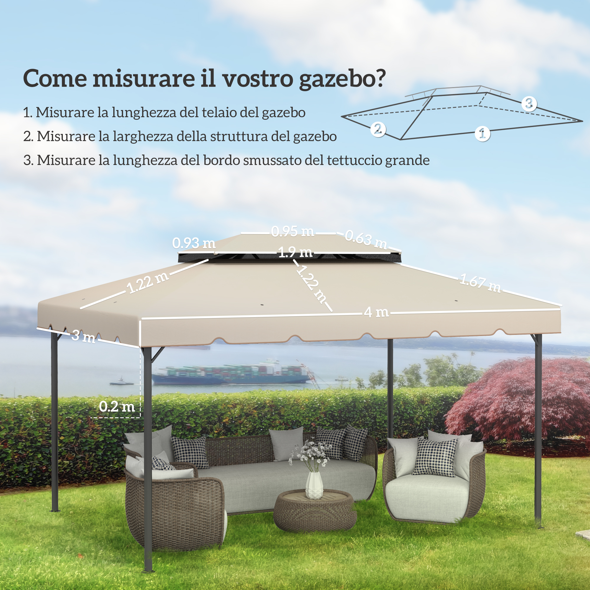 Gazebo beige con mobili da esterno. Misure indicate.