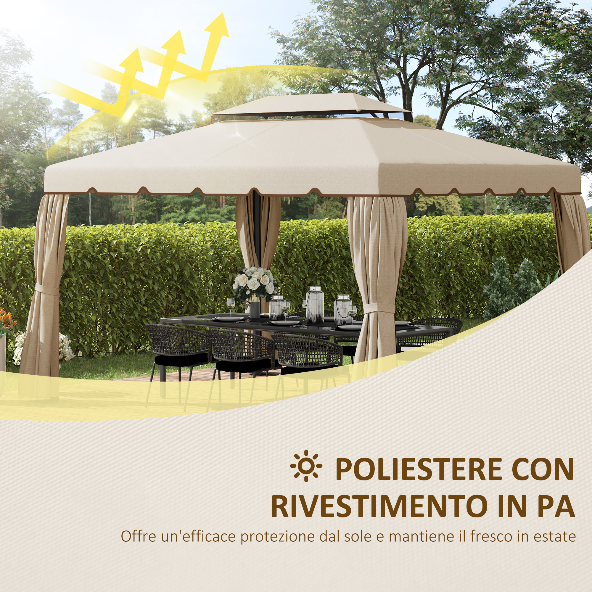 Un baldacchino gazebo beige con tavolo e sedie all'aperto, simbolo protezione solare.