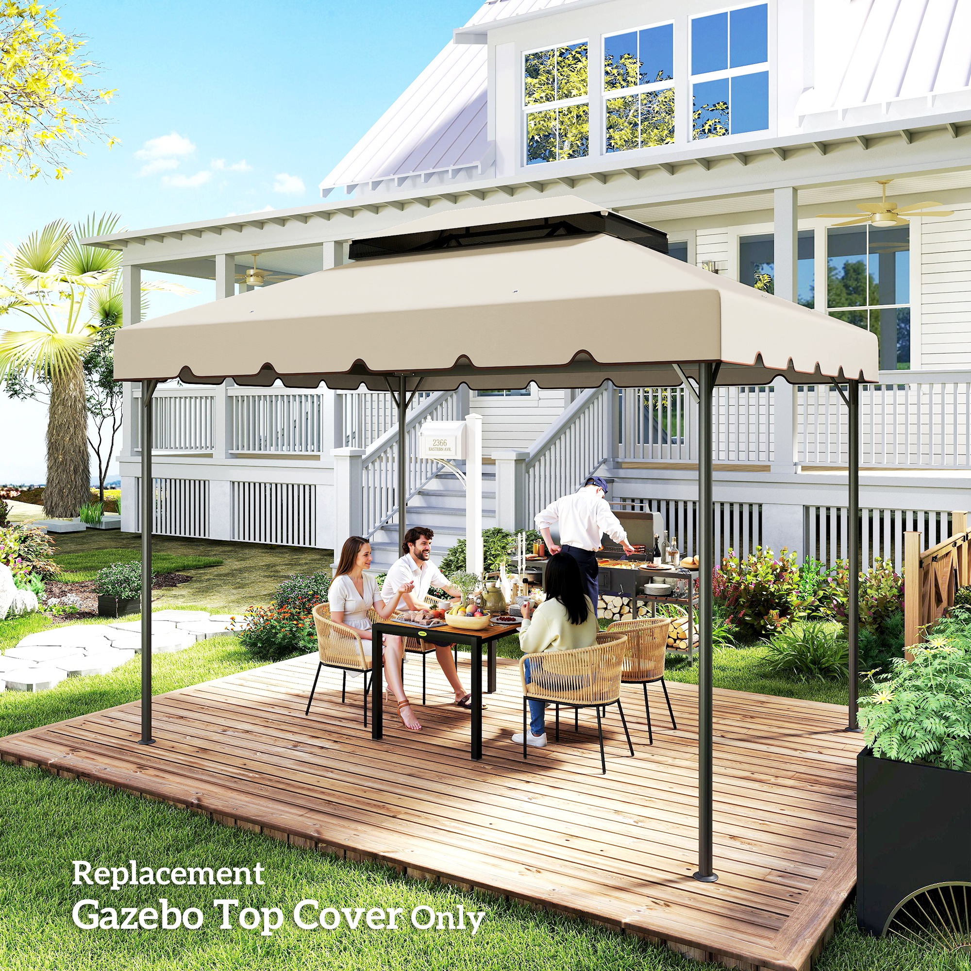Una famiglia fa un barbecue sotto un gazebo beige accanto a una casa.
