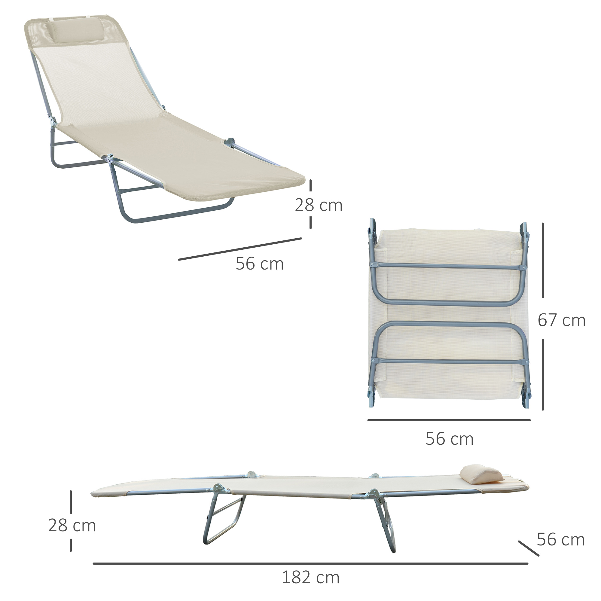 Un lettino prendisole pieghevole beige con telaio in metallo, mostrato in più viste con dimensioni.