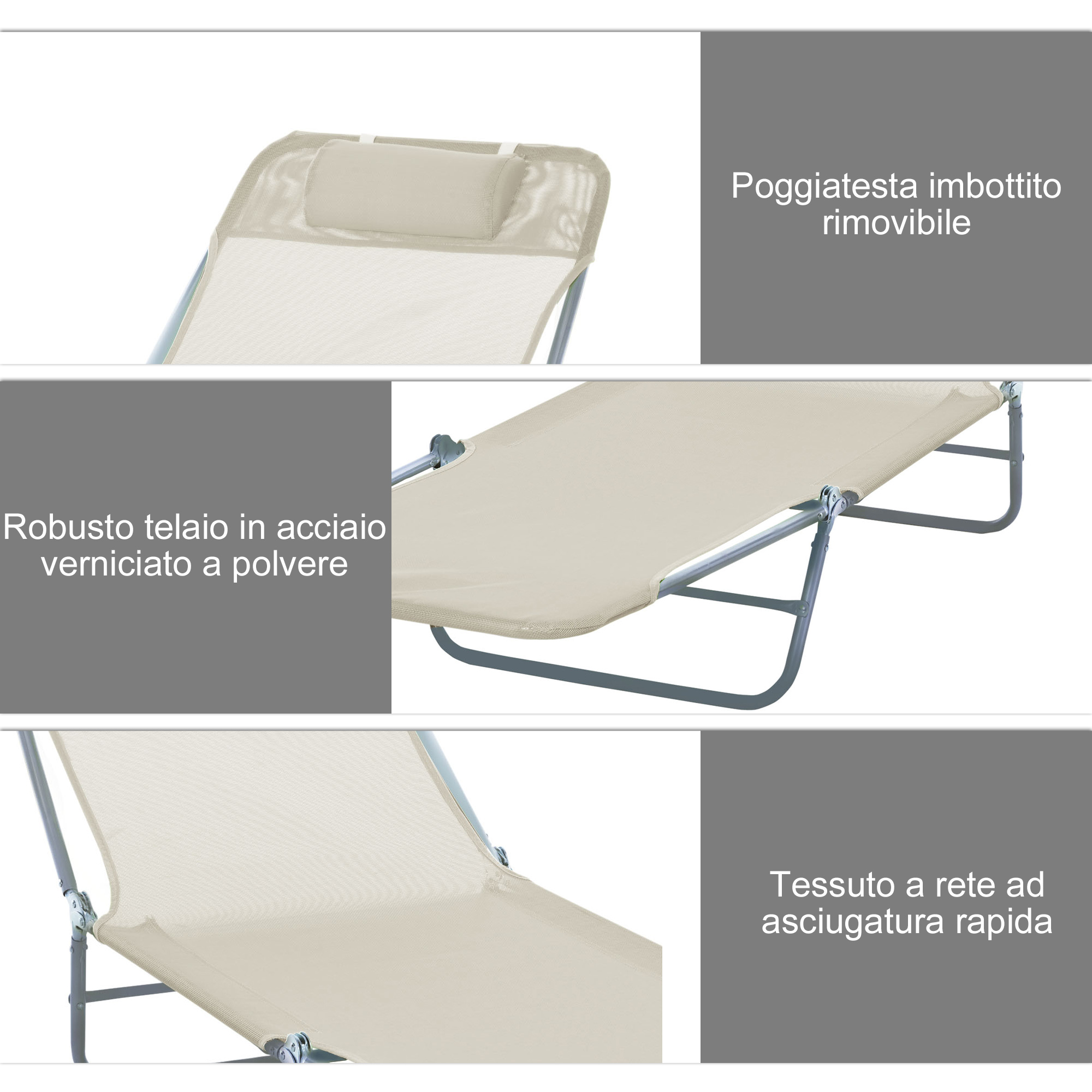 Sdraio beige con poggiatesta rimovibile e telaio in acciaio verniciato.