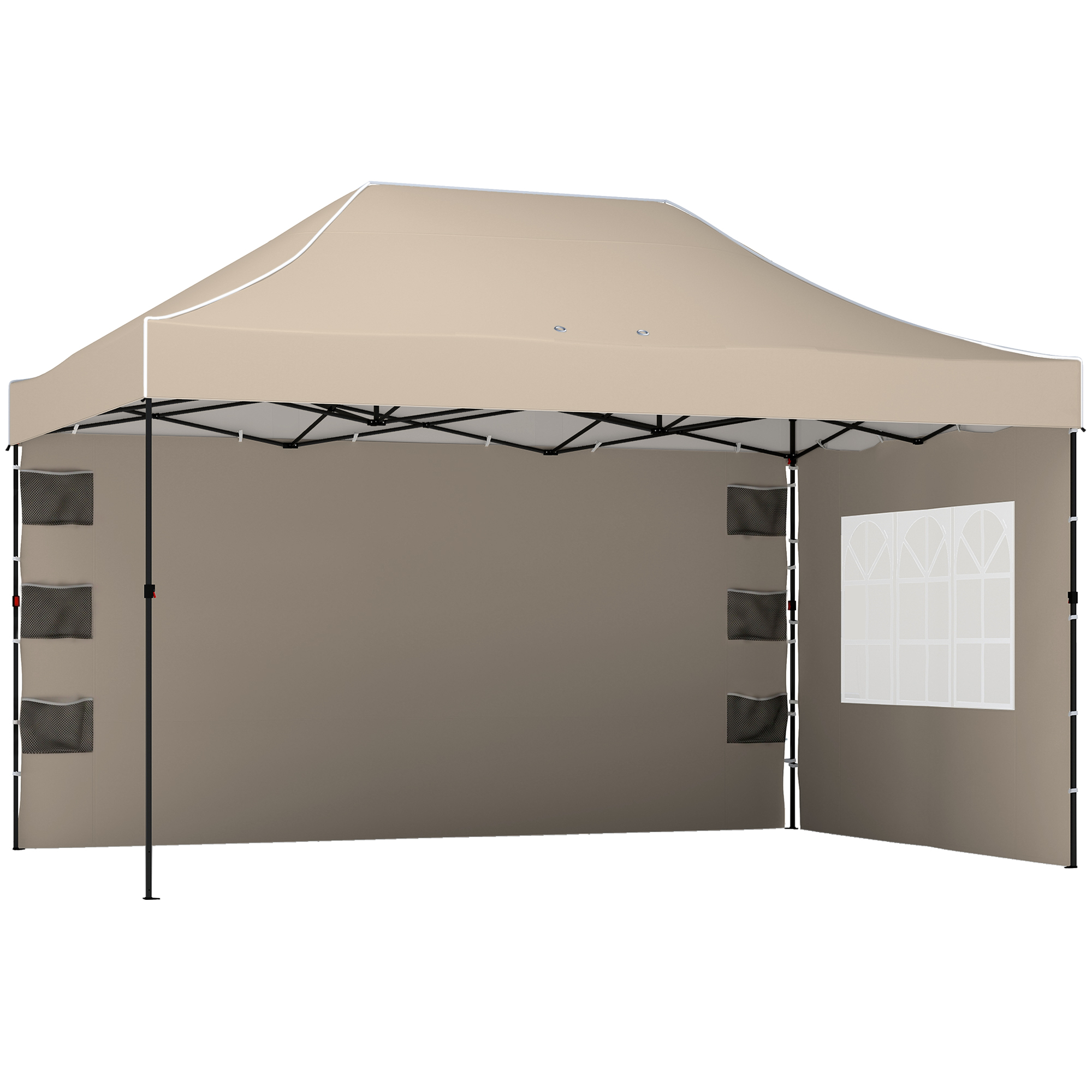 Una tenda a baldacchino beige con tre pareti e una finestra. La struttura è nera.