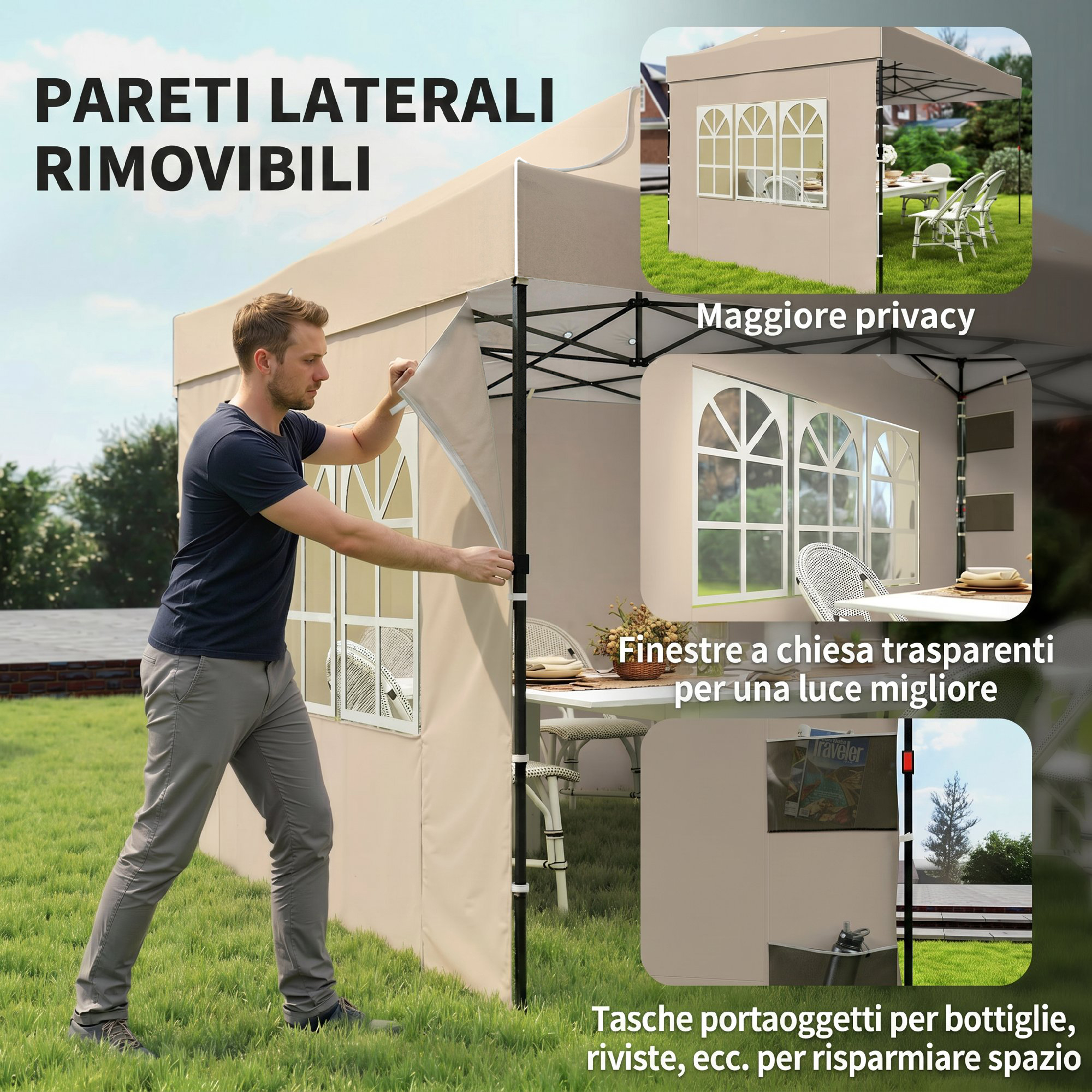 Uomo attacca parete laterale rimovibile a gazebo con finestre.