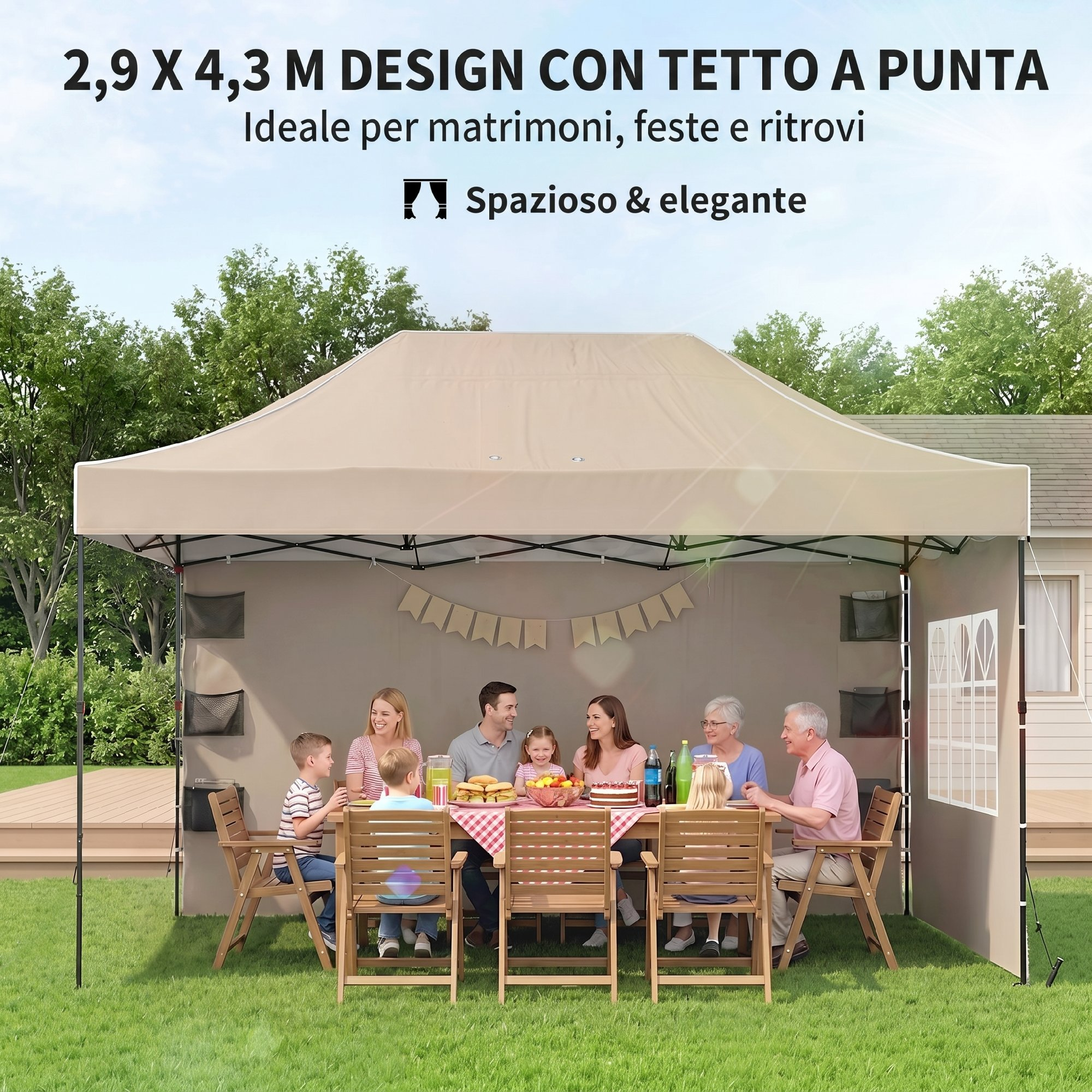 Una famiglia festeggia all'aperto sotto un gazebo con tavolo e sedie.