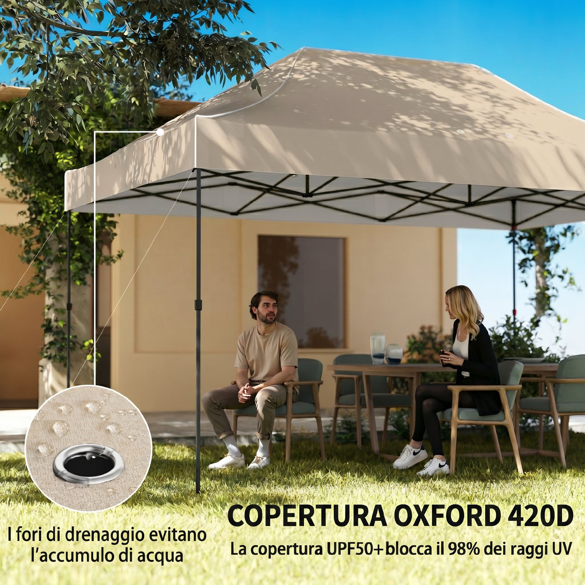 Un uomo e una donna siedono sotto un gazebo beige in un giardino.