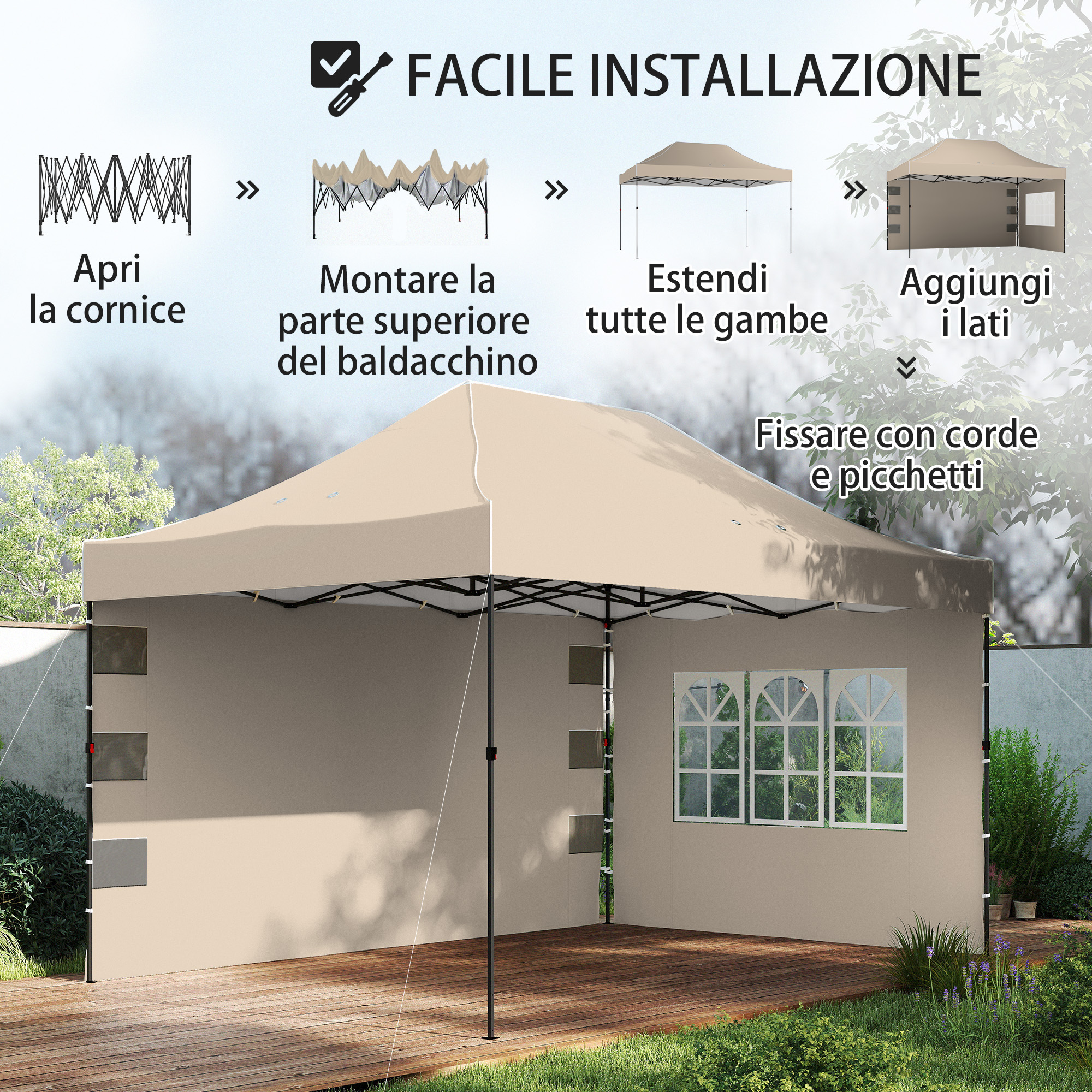 Montaggio di un gazebo beige con istruzioni passo passo.