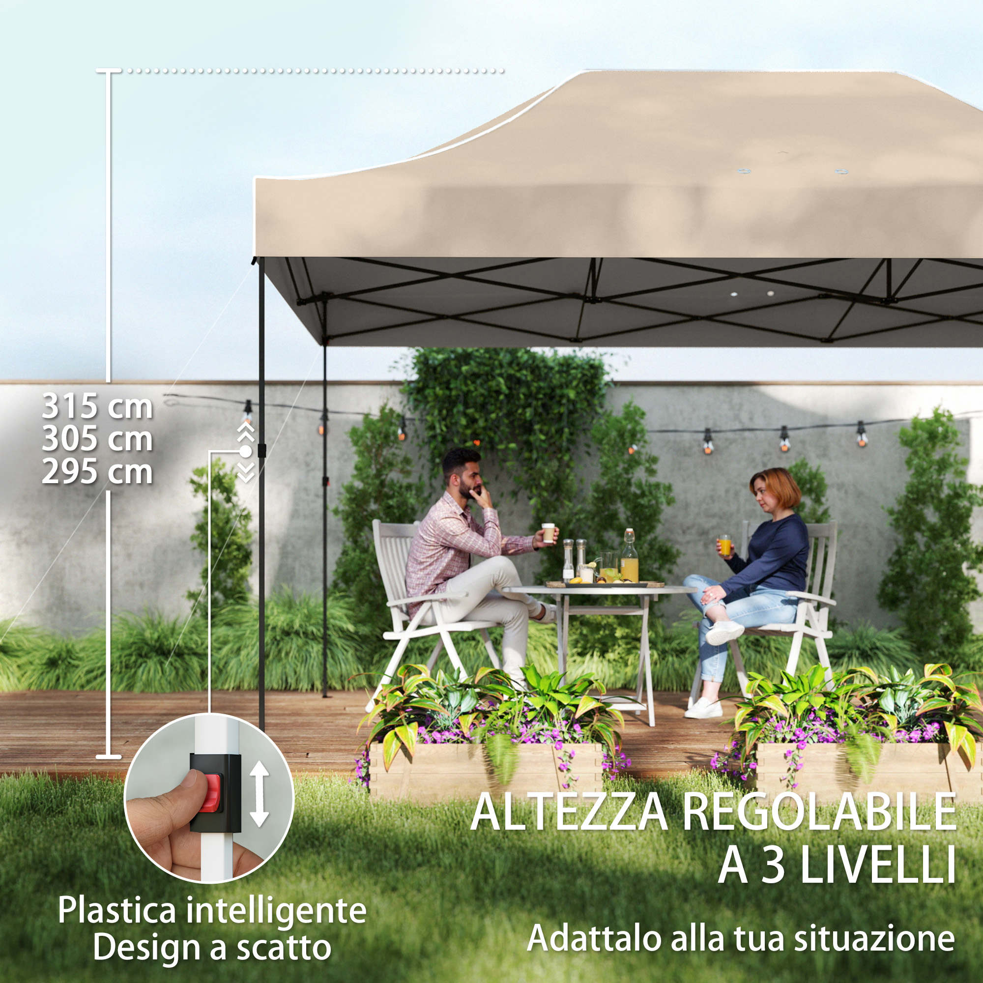 Due persone siedono sotto un gazebo in giardino. Altezza regolabile.