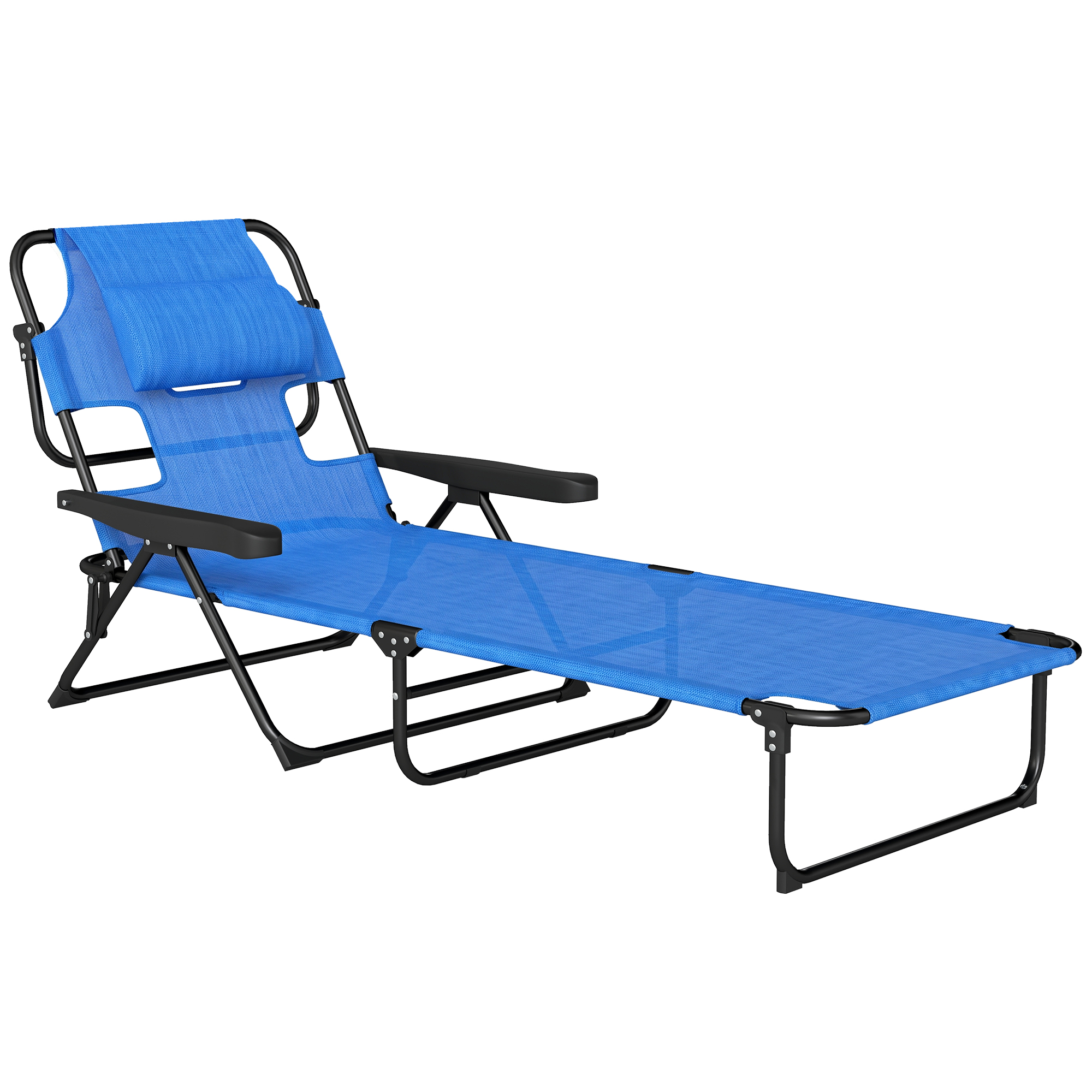Una sdraio blu con telaio in metallo nero e braccioli, su sfondo bianco.